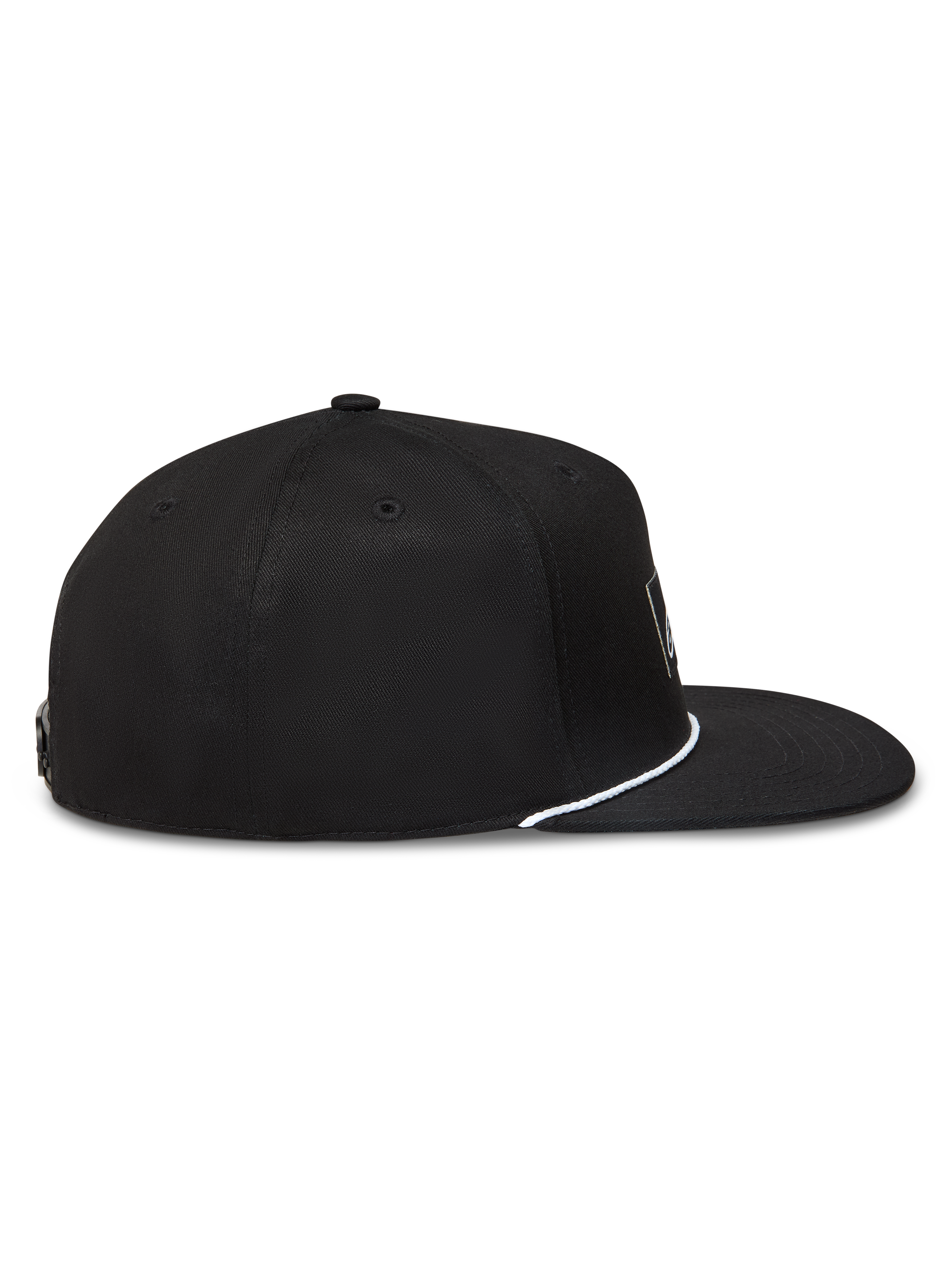 Alpinestars Label Snapback Kappe, schwarze Sportswear-Kappe mit flachem Schirm und weißem Kordeldetail, Seitenansicht.