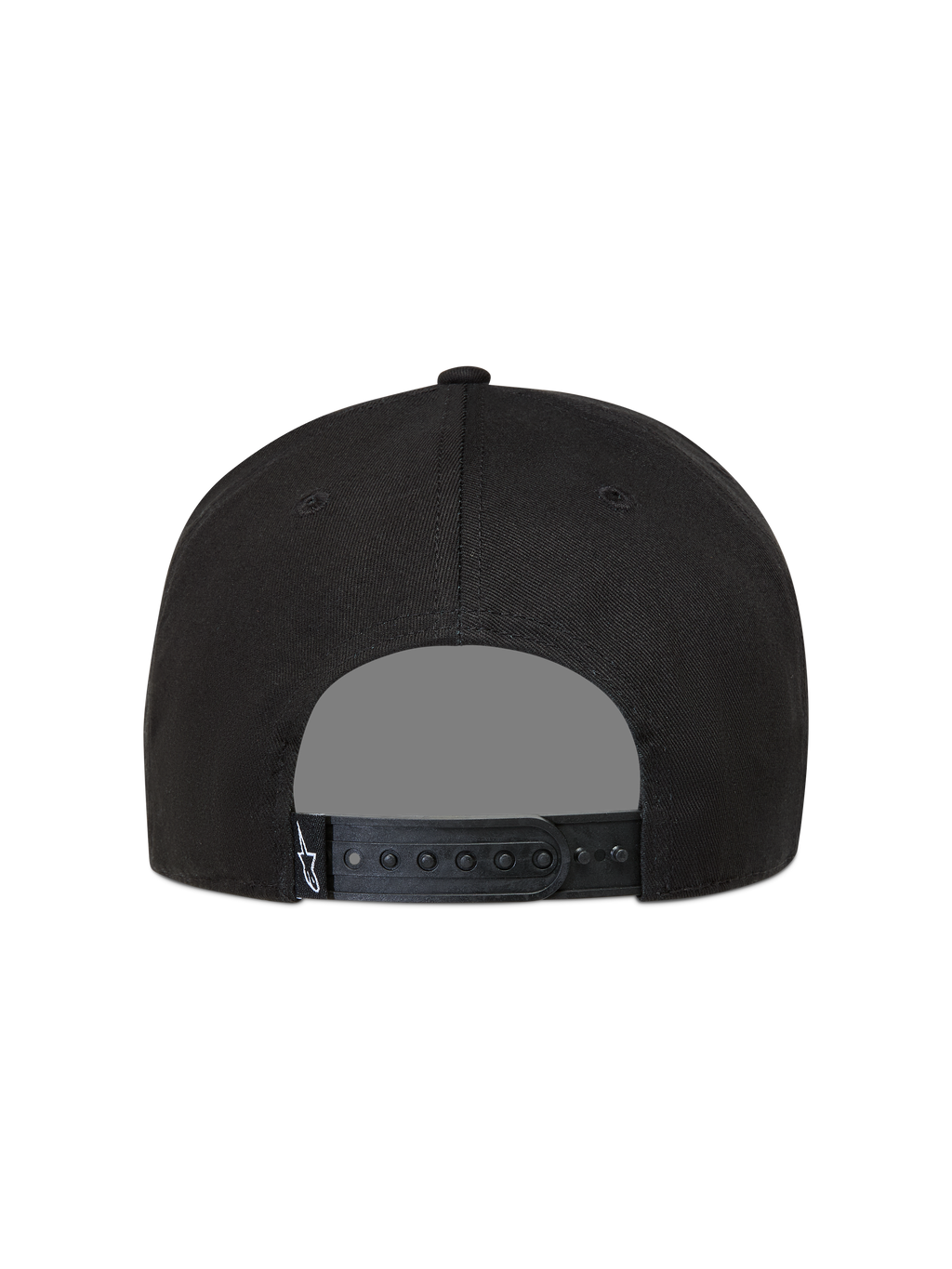 Alpinestars Label Snapback Kappe in Schwarz, Rückansicht mit verstellbarem Verschluss und weißem Astars-Logo-Etikett.