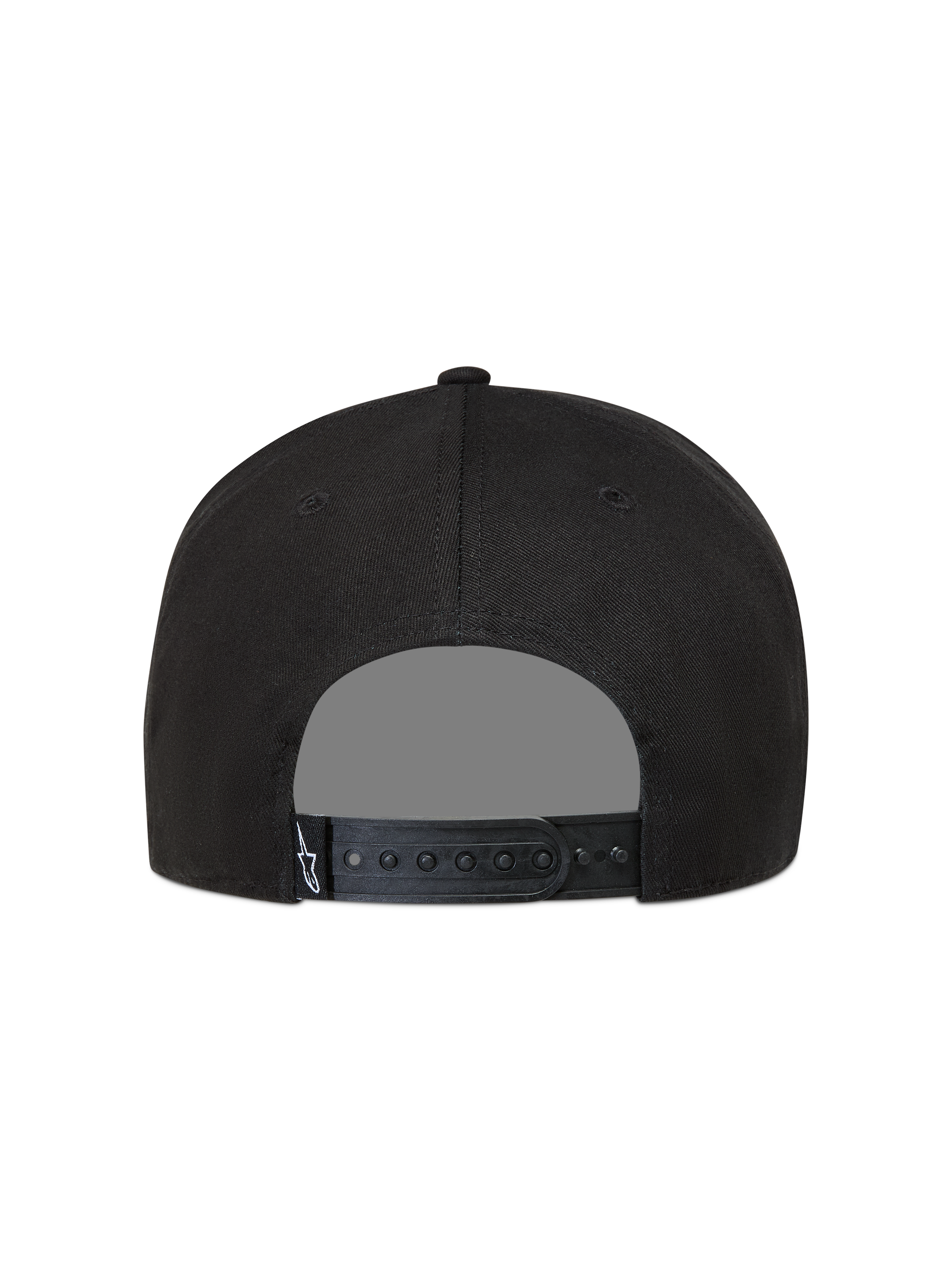 Alpinestars Label Snapback Kappe in Schwarz, Rückansicht mit verstellbarem Verschluss und weißem Astars-Logo-Etikett.