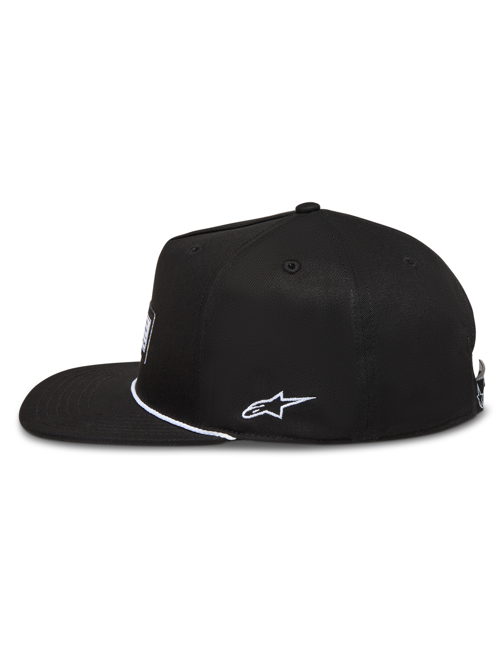 Alpinestars Label Snapback Kappe, schwarze Sportswear-Cap aus Twill mit flachem Schirm und weißer seitlicher Stickerei.