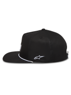 Alpinestars Label Snapback Kappe, schwarze Sportswear-Cap aus Twill mit flachem Schirm und weißer seitlicher Stickerei.
