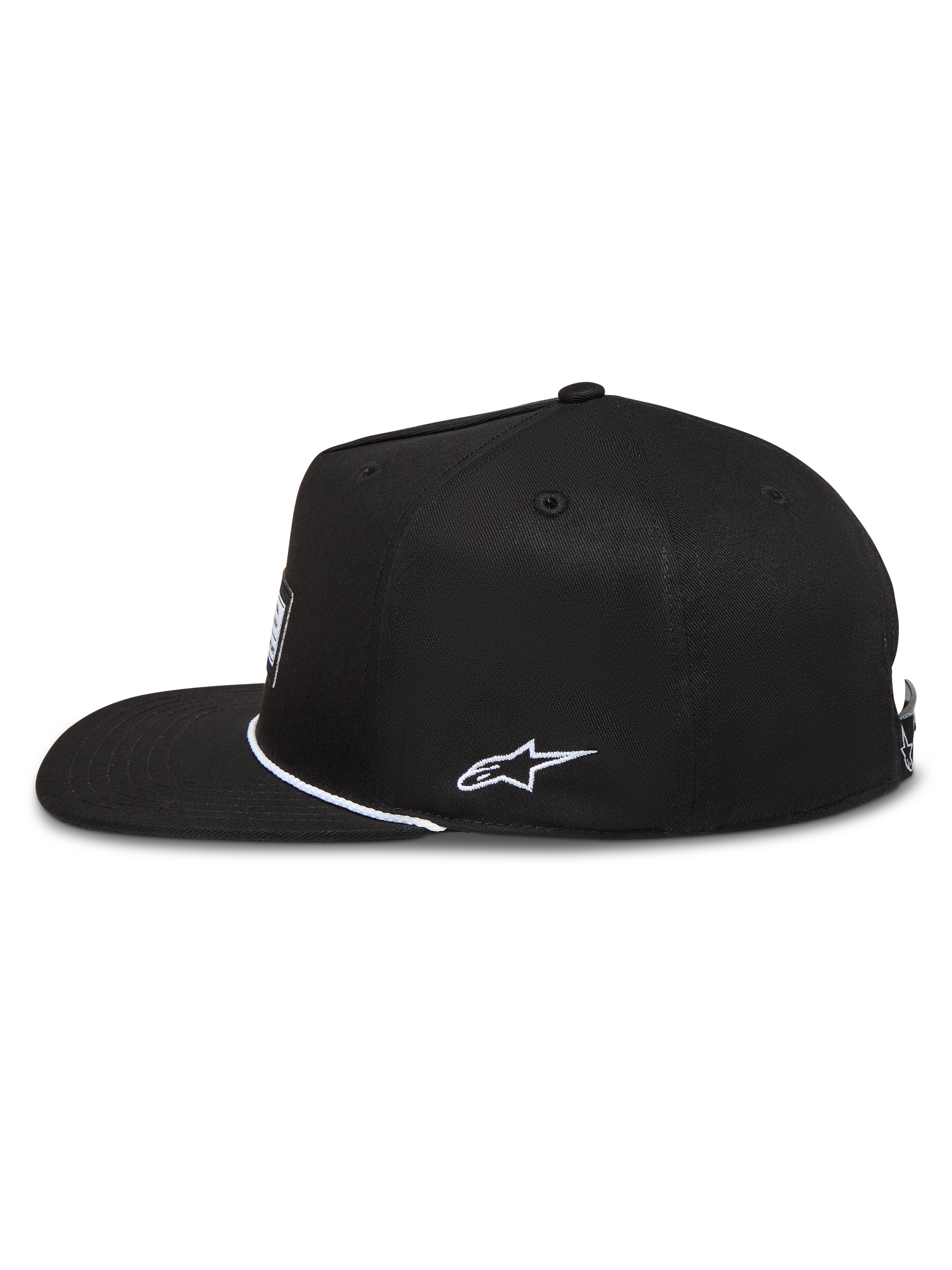 Alpinestars Label Snapback Kappe, schwarze Sportswear-Cap aus Twill mit flachem Schirm und weißer seitlicher Stickerei.
