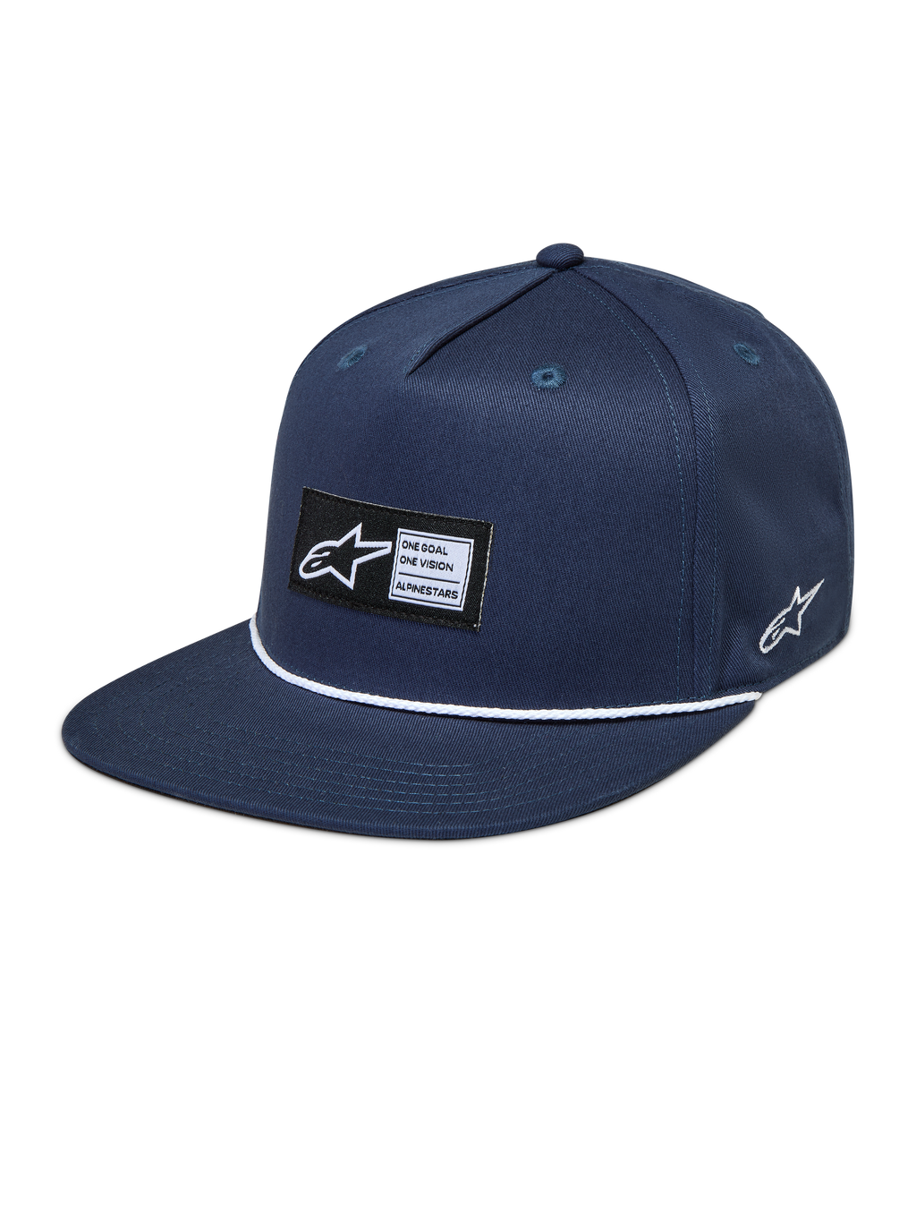 Alpinestars Label Snapback Kappe in Navyblau mit flachem Schirm, gewebtem Logo-Patch und weißem Kordeldetail.