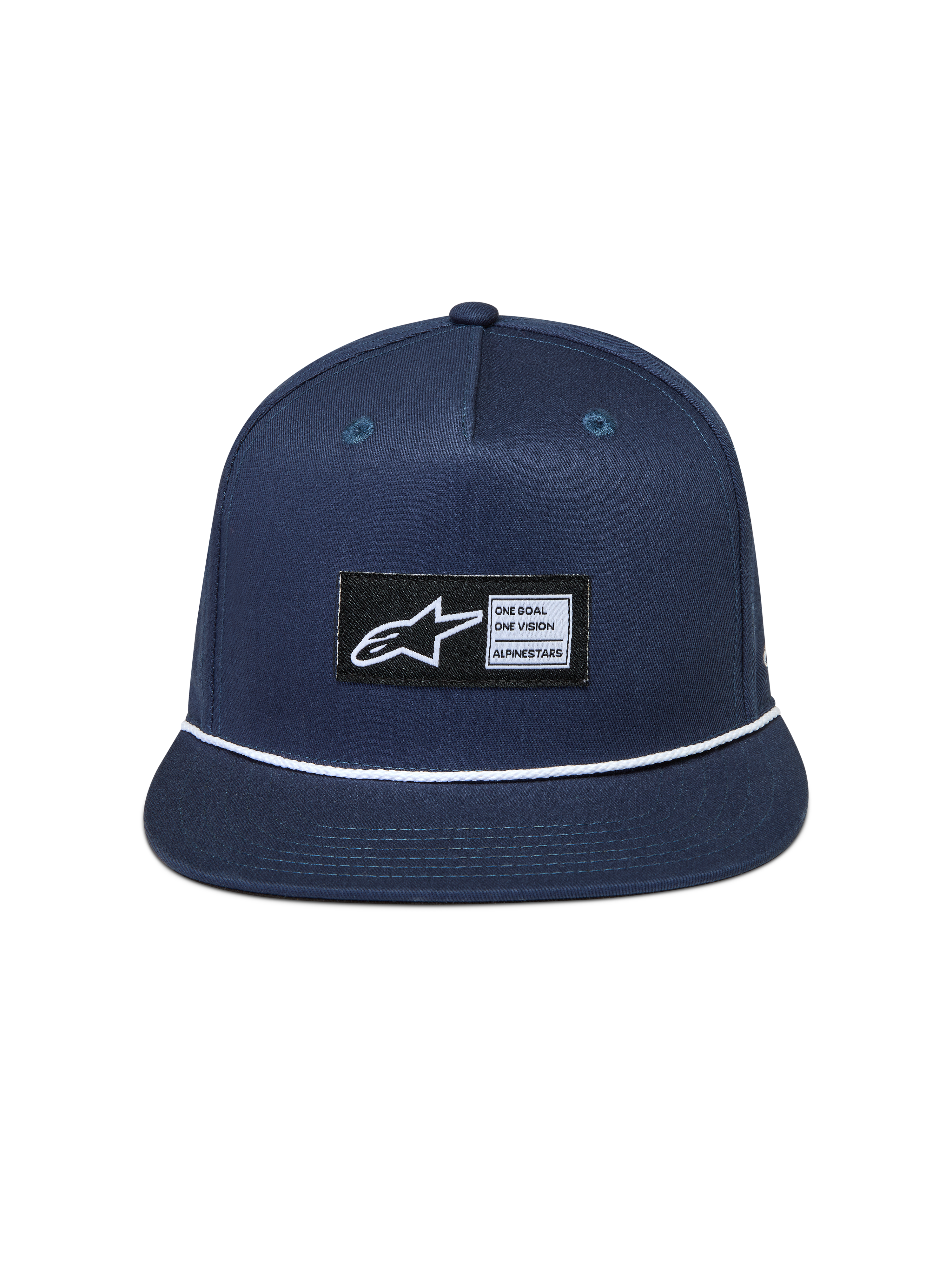 Alpinestars Label Snapback Kappe, flacher Schirm, Blau und Weiß, Twill-Gewebe mit Kordeldetail und gewebtem Logo-Aufnäher.