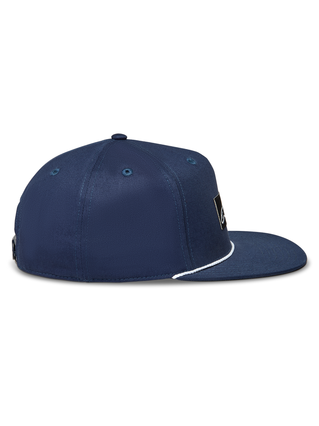 Alpinestars Label Snapback Kappe, dunkelblaue Sportswear-Kappe aus Twill, Seitenansicht mit flachem Schirm und weißem Seildetail.