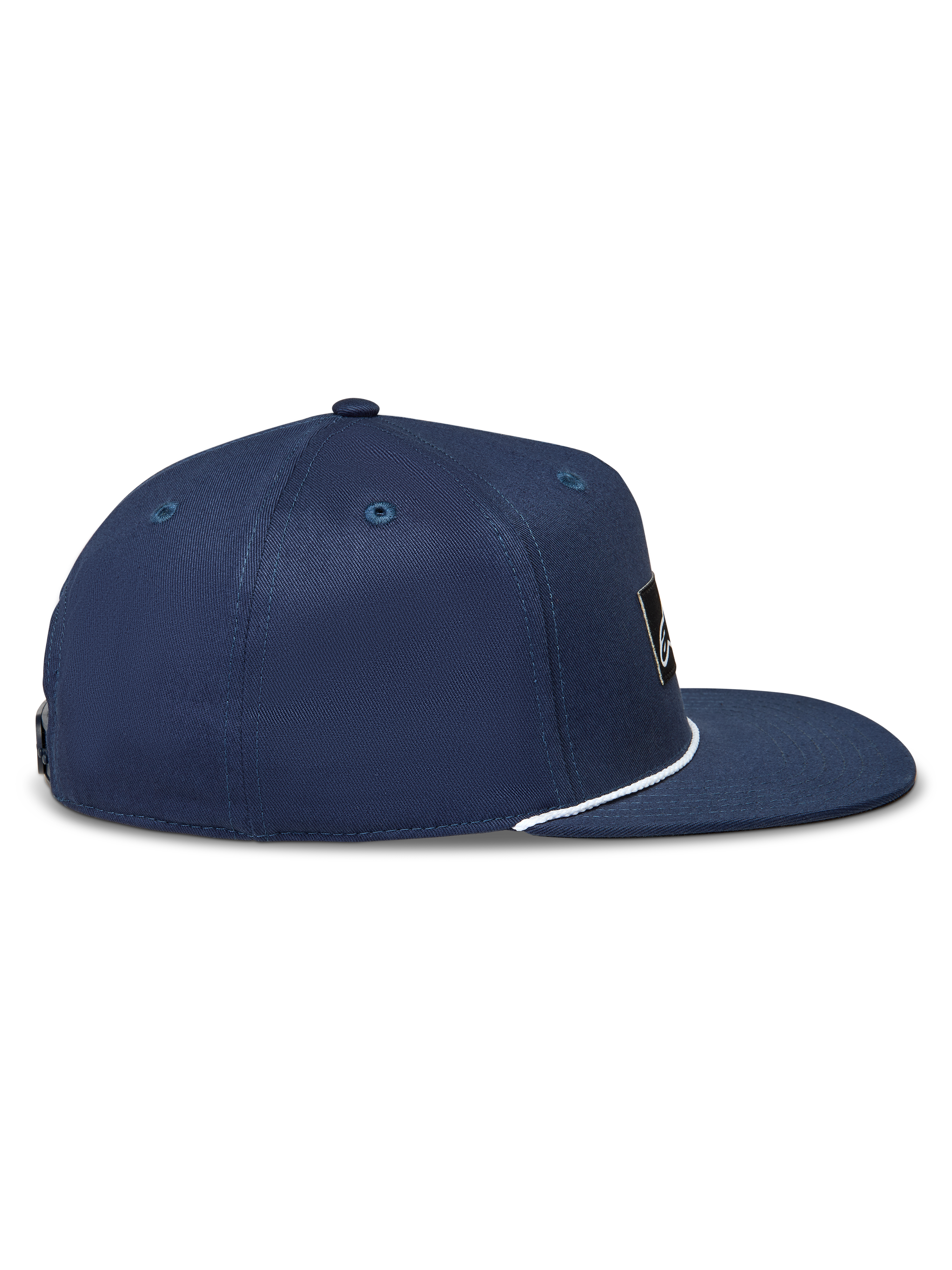Alpinestars Label Snapback Kappe, dunkelblaue Sportswear-Kappe aus Twill, Seitenansicht mit flachem Schirm und weißem Seildetail.