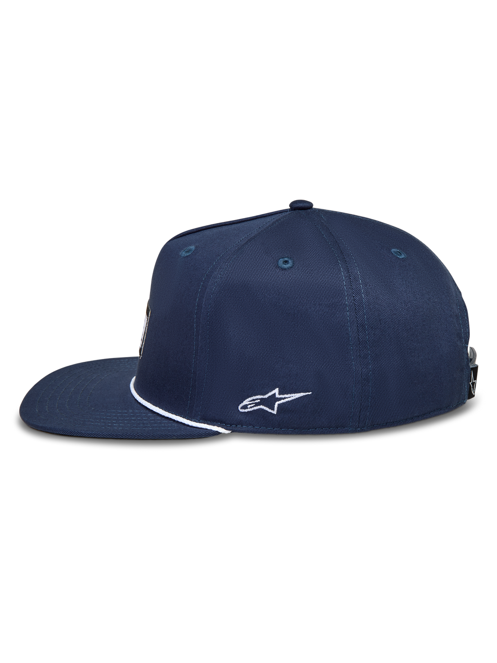 Alpinestars Label Snapback Kappe, dunkelblaue Sportswear-Kappe mit flachem Schirm und weißer Astars-Logo-Stickerei.