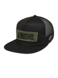 Alpinestars Ten Trucker Hat in black with an olive green embroidered logo patch and breathable mesh back.