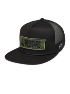 Alpinestars Ten Trucker Hat in black with an olive green embroidered logo patch and breathable mesh back.