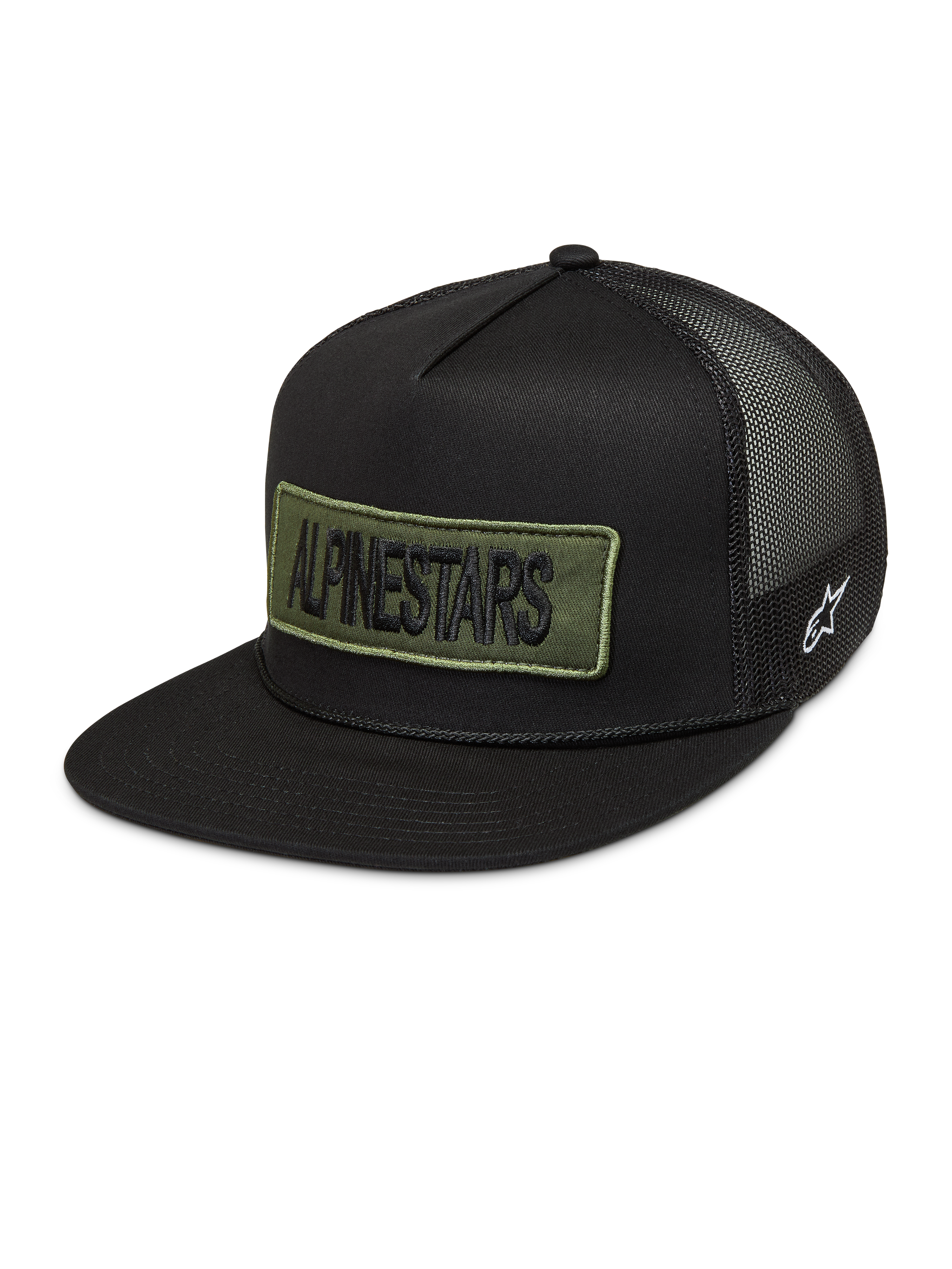 Alpinestars Ten Trucker Hat in black with an olive green embroidered logo patch and breathable mesh back.