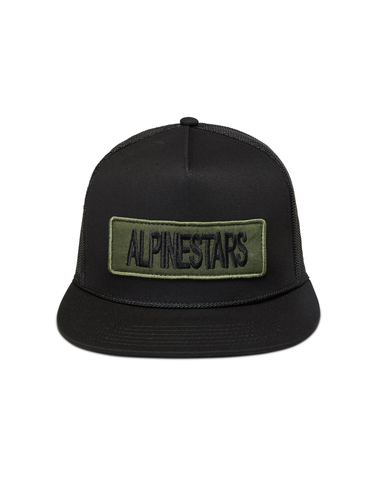 Alpinestars Ten Trucker-Mütze, schwarze Mesh-Kappe mit flachem Schirm und olivgrünem Logo-Stickerei-Patch, Sportswear.