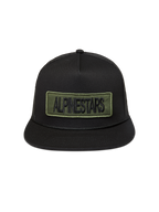 Alpinestars Ten Trucker Hat, Black flat-bill mesh cap with an olive green embroidered logo patch for casual sportswear.