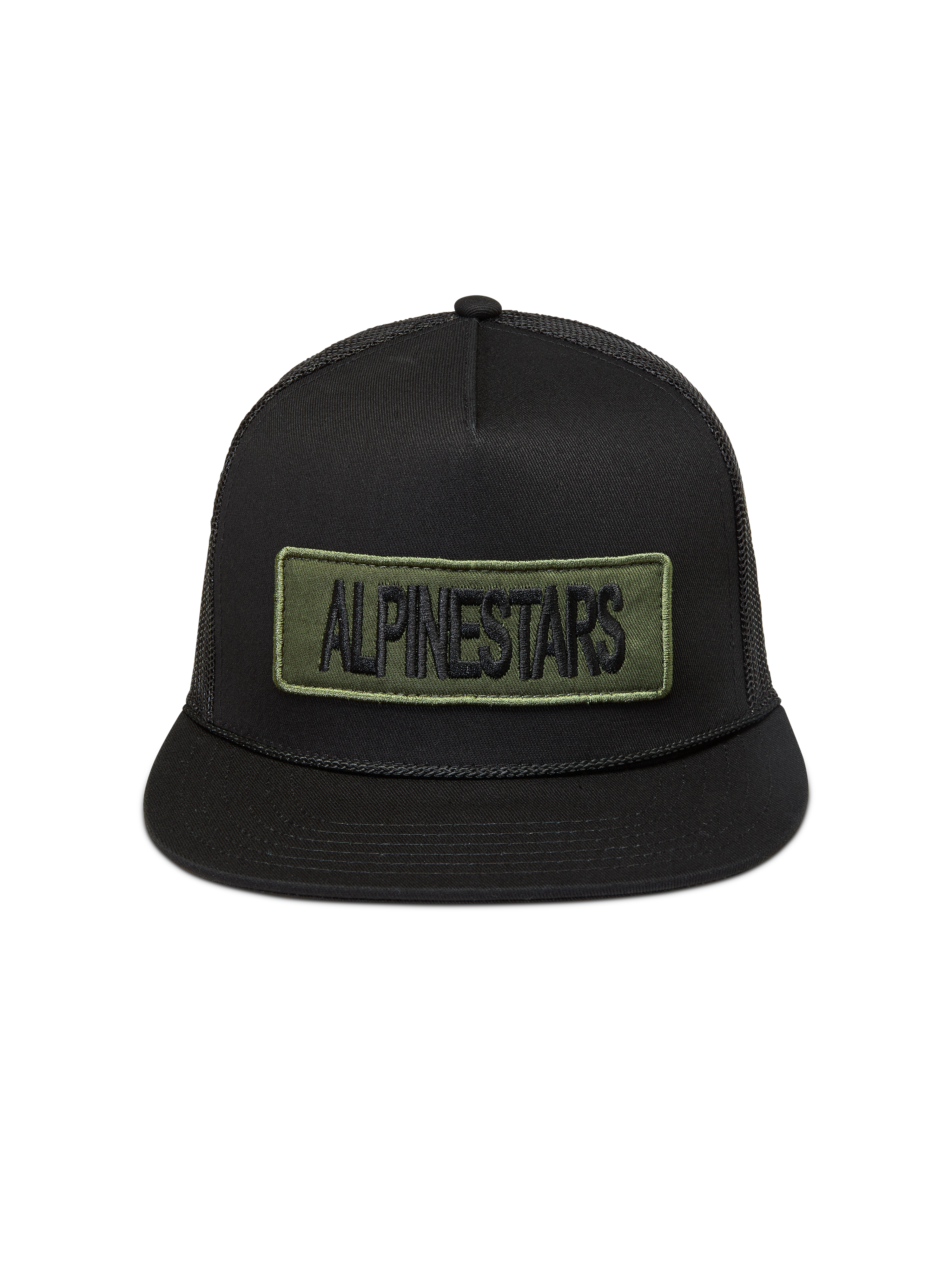 Alpinestars Ten Trucker Hat, Black flat-bill mesh cap with an olive green embroidered logo patch for casual sportswear.