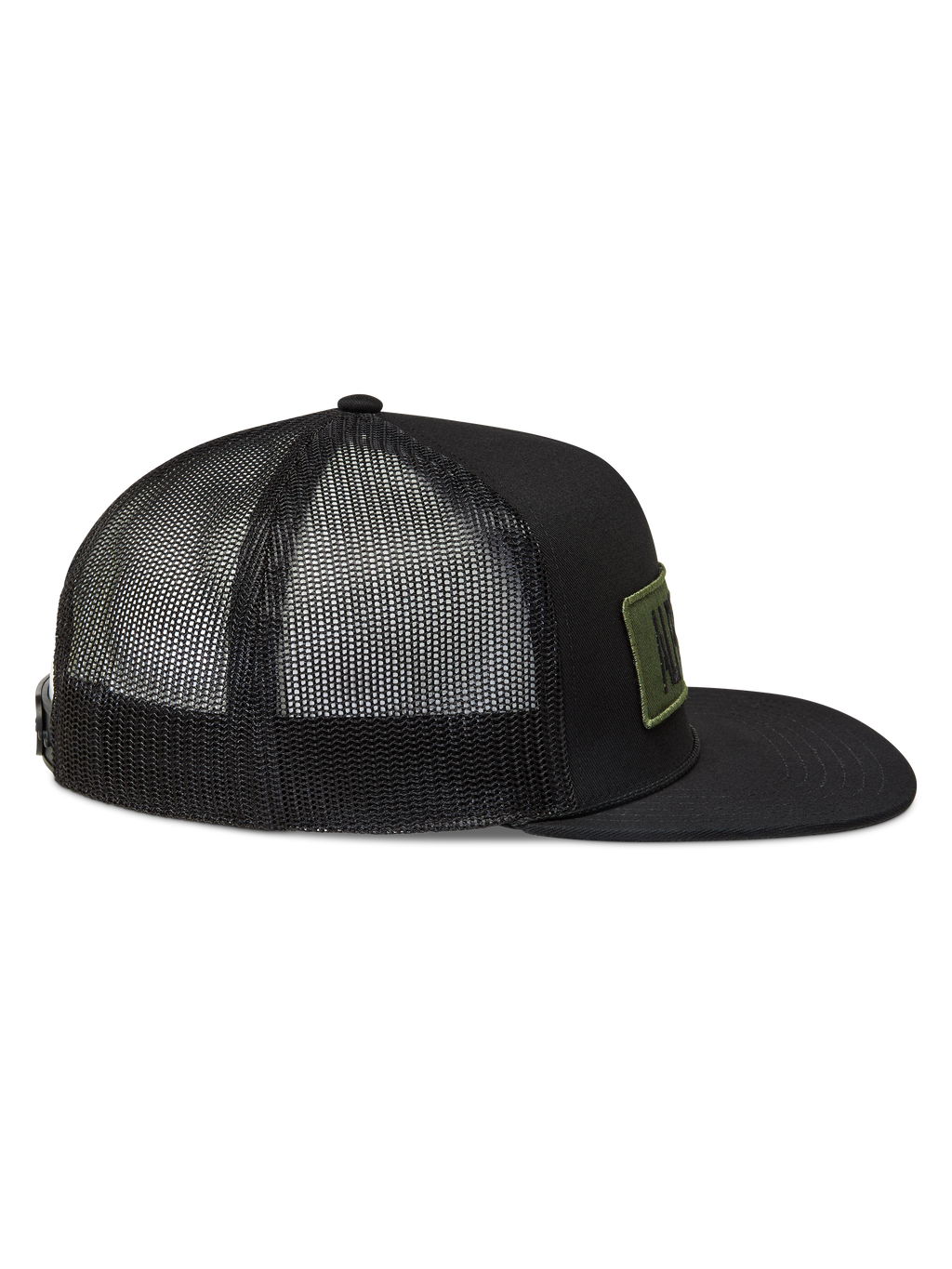 Alpinestars Ten Trucker Hat, black sportswear cap with breathable mesh back, flat bill, and olive logo patch.