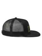 Alpinestars Ten Trucker Hat, black sportswear cap with breathable mesh back, flat bill, and olive logo patch.