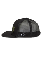 Alpinestars Ten Trucker Hat, black sportswear cap featuring a flat bill, mesh back, and white embroidered Astars side logo.