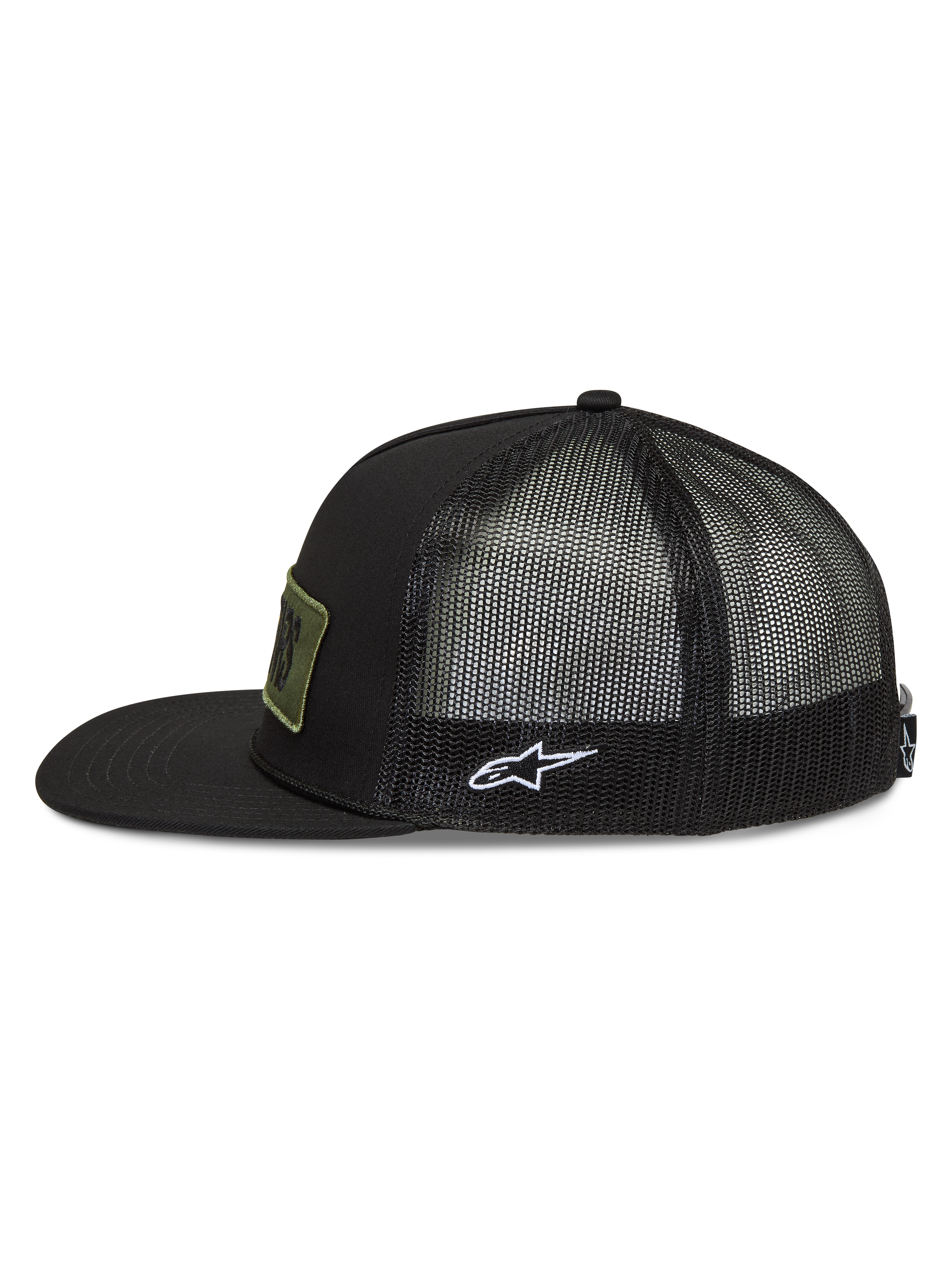 Alpinestars Ten Trucker Hat, black sportswear cap featuring a flat bill, mesh back, and white embroidered Astars side logo.