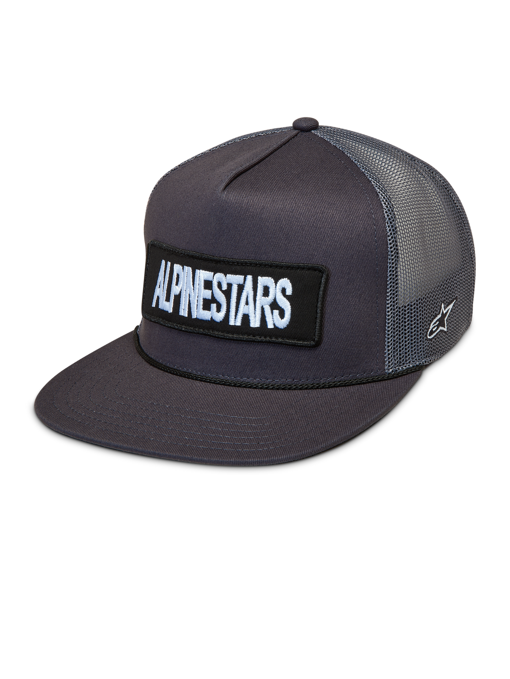 Alpinestars Ten Trucker-Mütze, Sportswear-Cap in Dunkelgrau, flacher Schirm, gesticktes Logo-Patch vorne und atmungsaktives Mesh-Gewebe hinten.