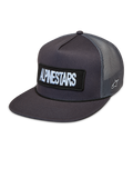 Alpinestars Ten Trucker-Mütze, Sportswear-Cap in Dunkelgrau, flacher Schirm, gesticktes Logo-Patch vorne und atmungsaktives Mesh-Gewebe hinten.