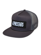 Alpinestars Ten Trucker-Mütze, Sportswear-Cap in Dunkelgrau, flacher Schirm, gesticktes Logo-Patch vorne und atmungsaktives Mesh-Gewebe hinten.