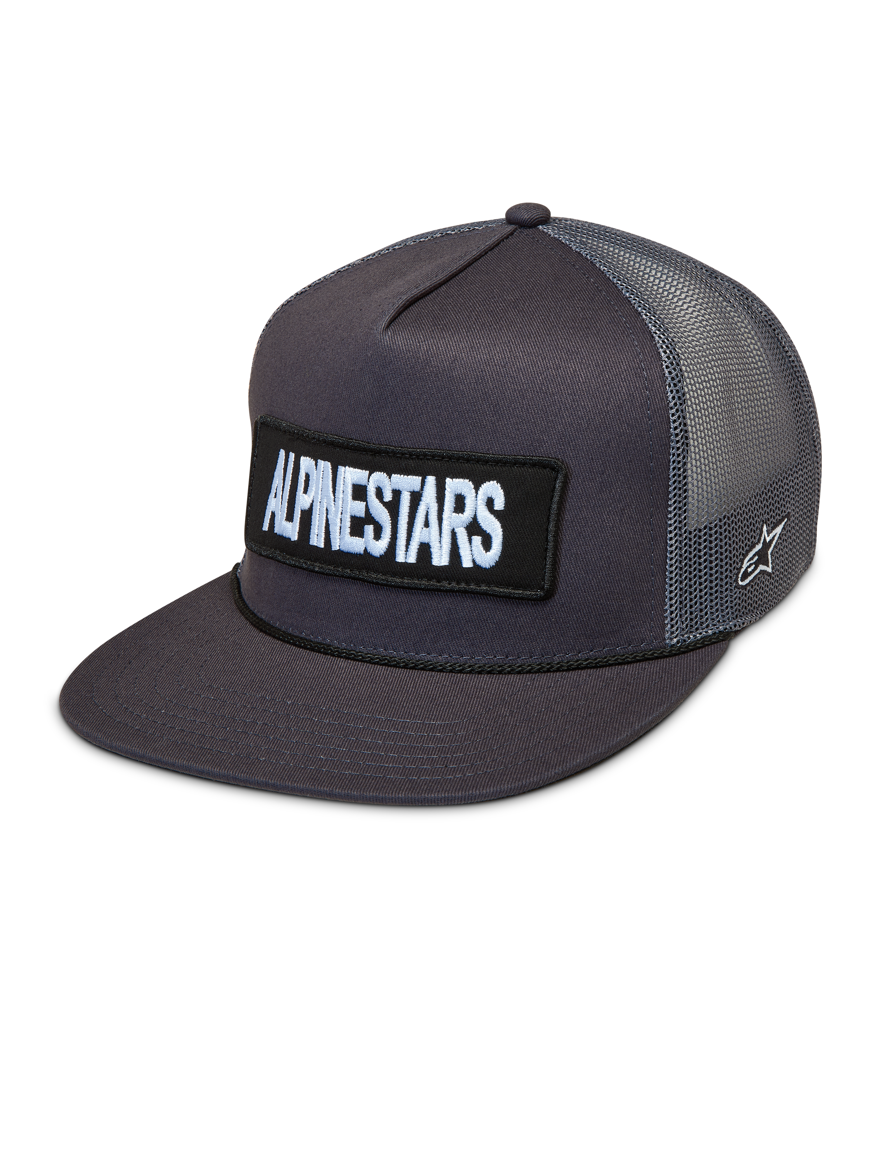 Alpinestars Ten Trucker-Mütze, Sportswear-Cap in Dunkelgrau, flacher Schirm, gesticktes Logo-Patch vorne und atmungsaktives Mesh-Gewebe hinten.