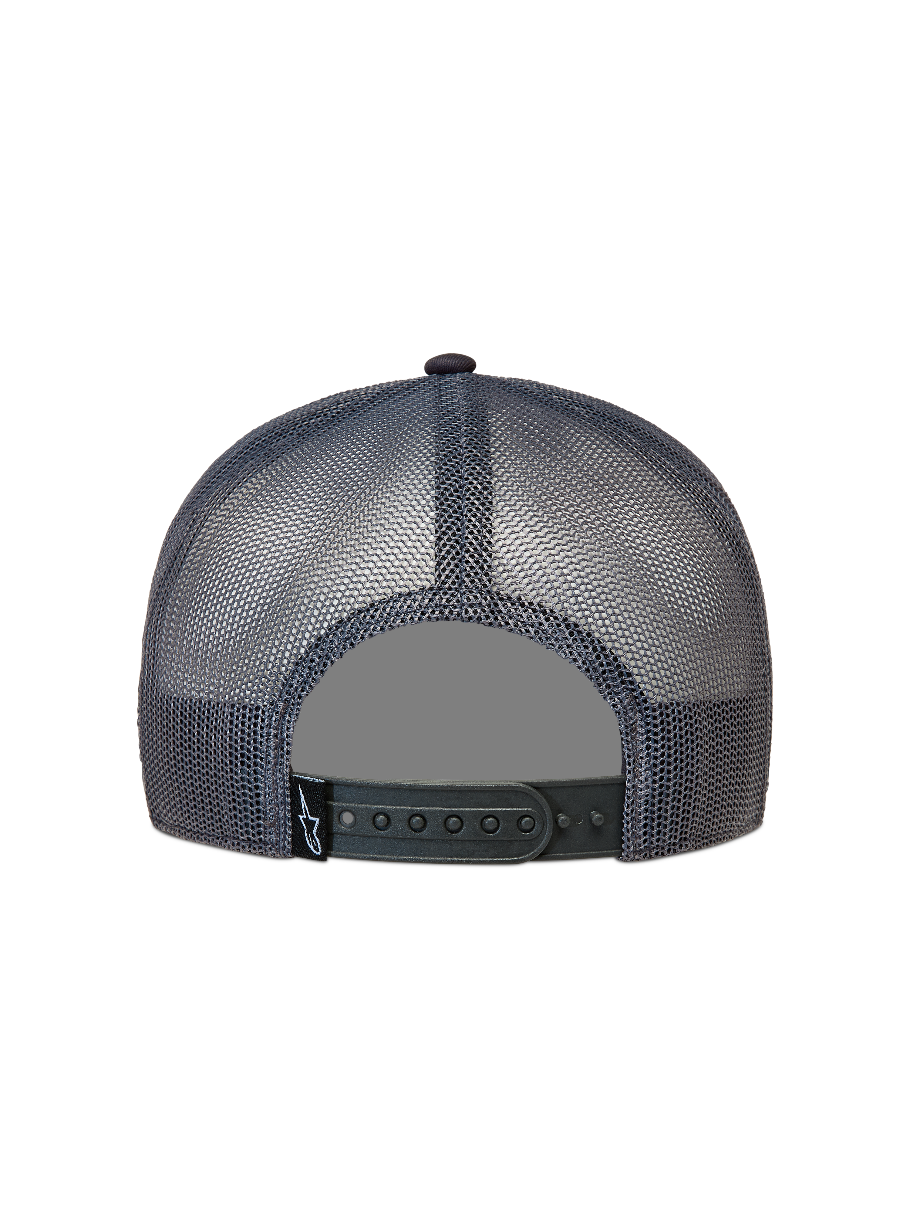Alpinestars Ten Trucker-Mütze, Rückansicht der dunkelgrauen Mesh-Kappe mit Snapback-Verschluss und Astars-Logo-Etikett.