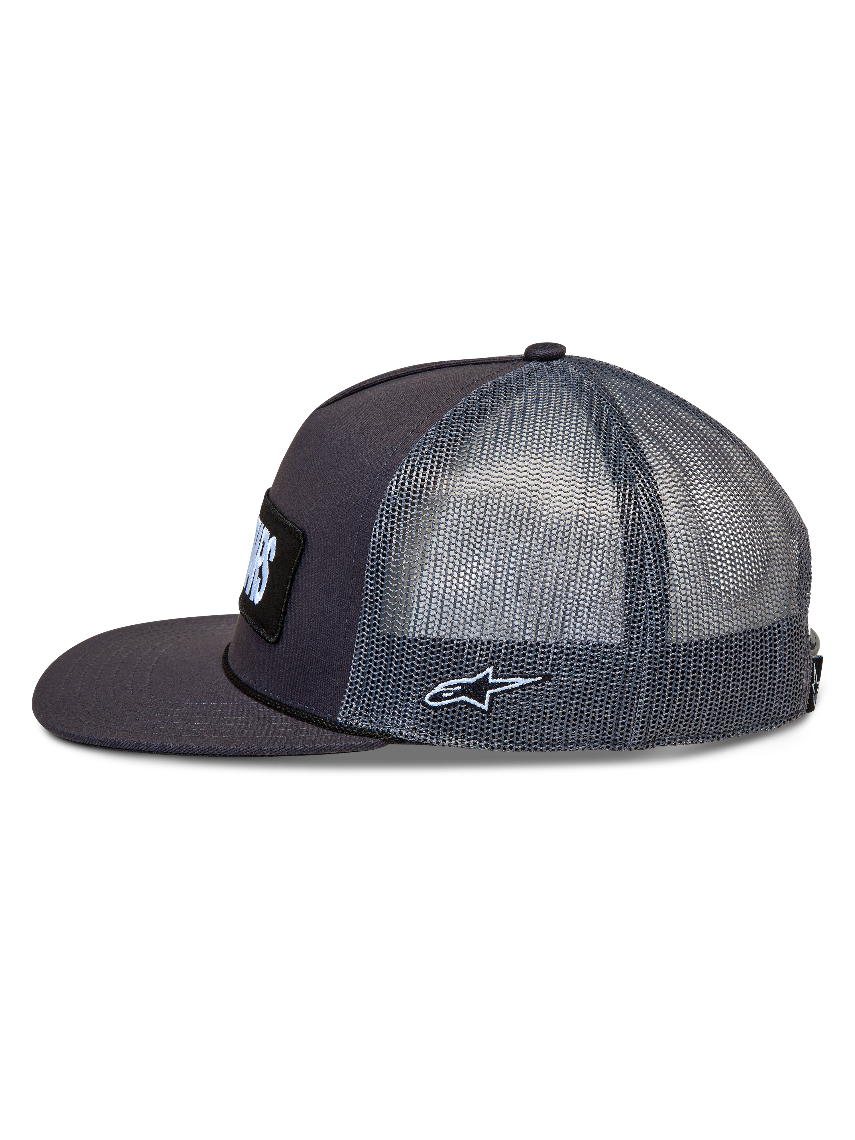 Alpinestars Ten Trucker-Mütze, dunkelgraue Sportswear-Kappe mit Mesh-Einsätzen, flachem Schirm und gesticktem Astars-Logo.