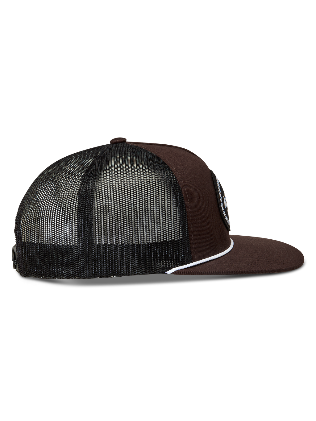 Alpinestars Hotlink Trucker-Mütze, braun-schwarze Sportswear-Kappe mit Mesh-Rückseite, flachem Schirm und weißer Kordel.