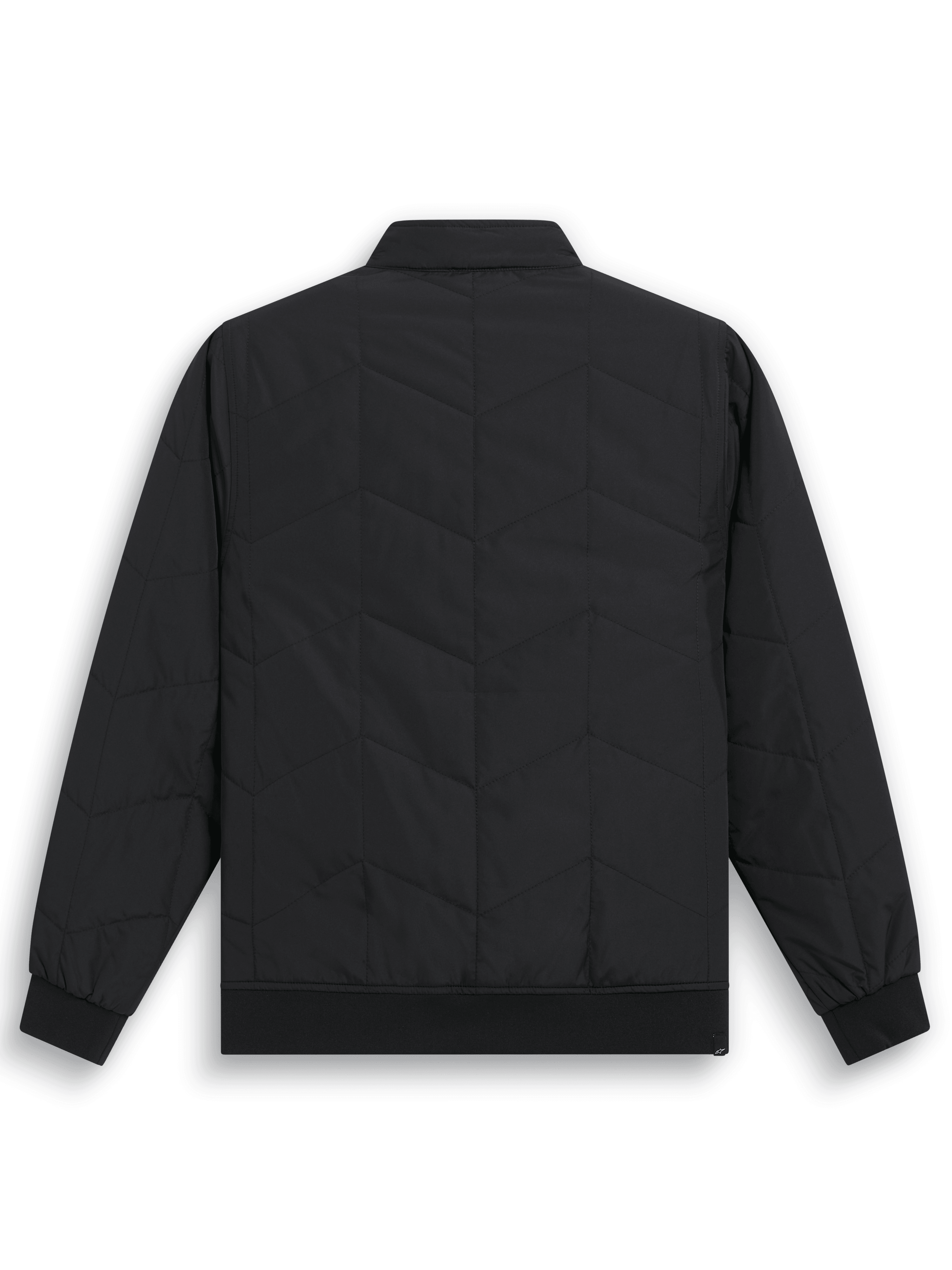 Alpinestars Precedent Jacke, gesteppte, von der F1 inspirierte Sportswear-Jacke, Schwarz, Rückansicht mit ikonischem schrägem Steppmuster, Rippbündchen und Saum, niedriger Stehkragen, lässiges vom Motorsport inspiriertes Design