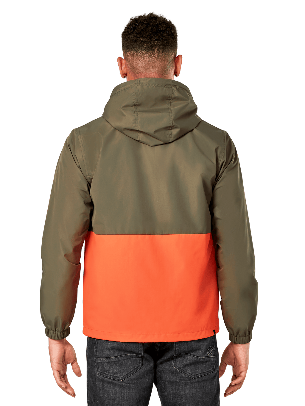 Alpinestars Speeder Windbreaker Jacke, leichte Windjacke mit Kapuze, Military Green und Orange im Color-Blocking-Design, Rückansicht mit Kapuze und elastischen Bündchen, lässiger Sportbekleidungsstil