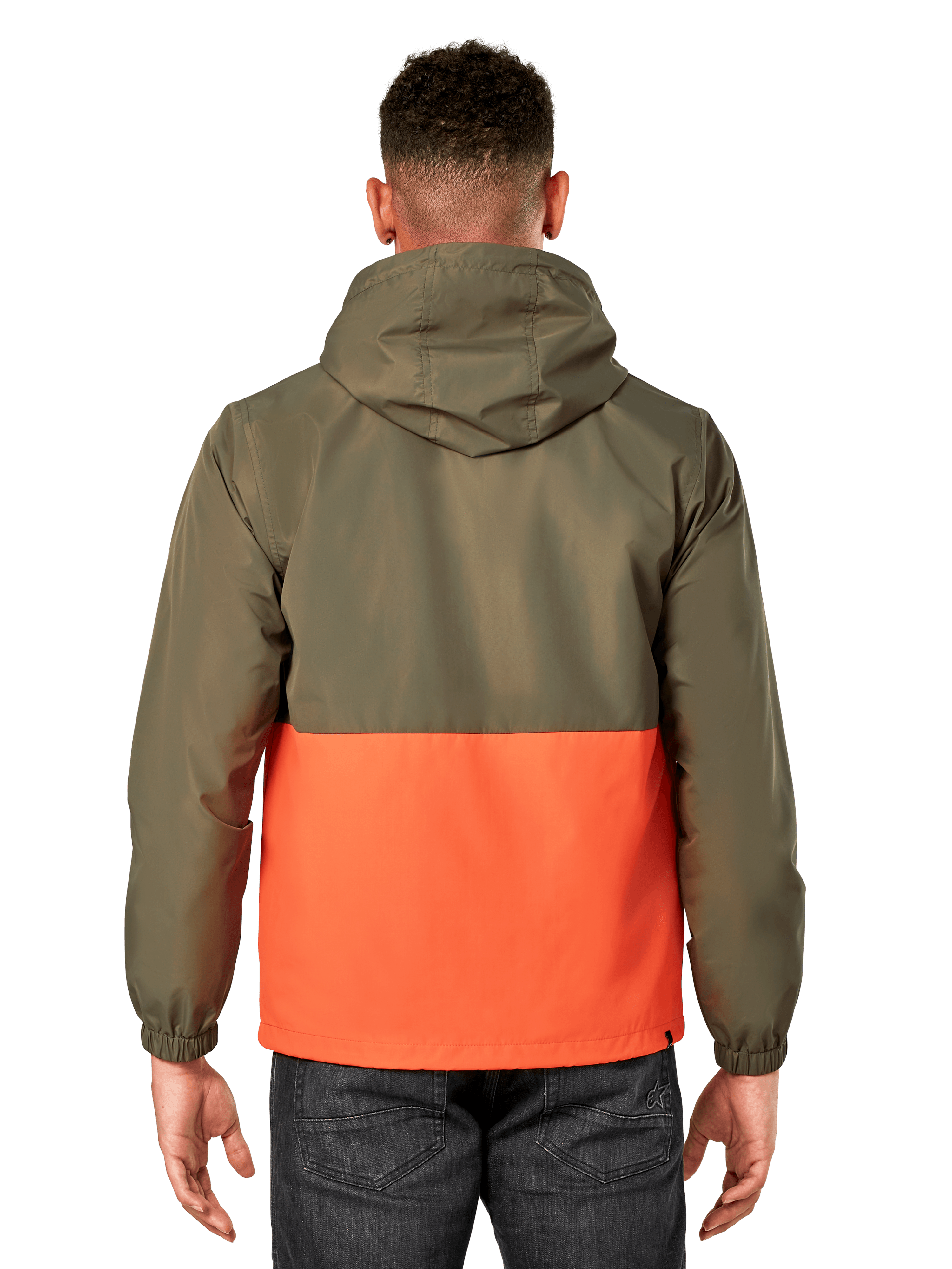 Alpinestars Speeder Windbreaker Jacke, leichte Windjacke mit Kapuze, Military Green und Orange im Color-Blocking-Design, Rückansicht mit Kapuze und elastischen Bündchen, lässiger Sportbekleidungsstil