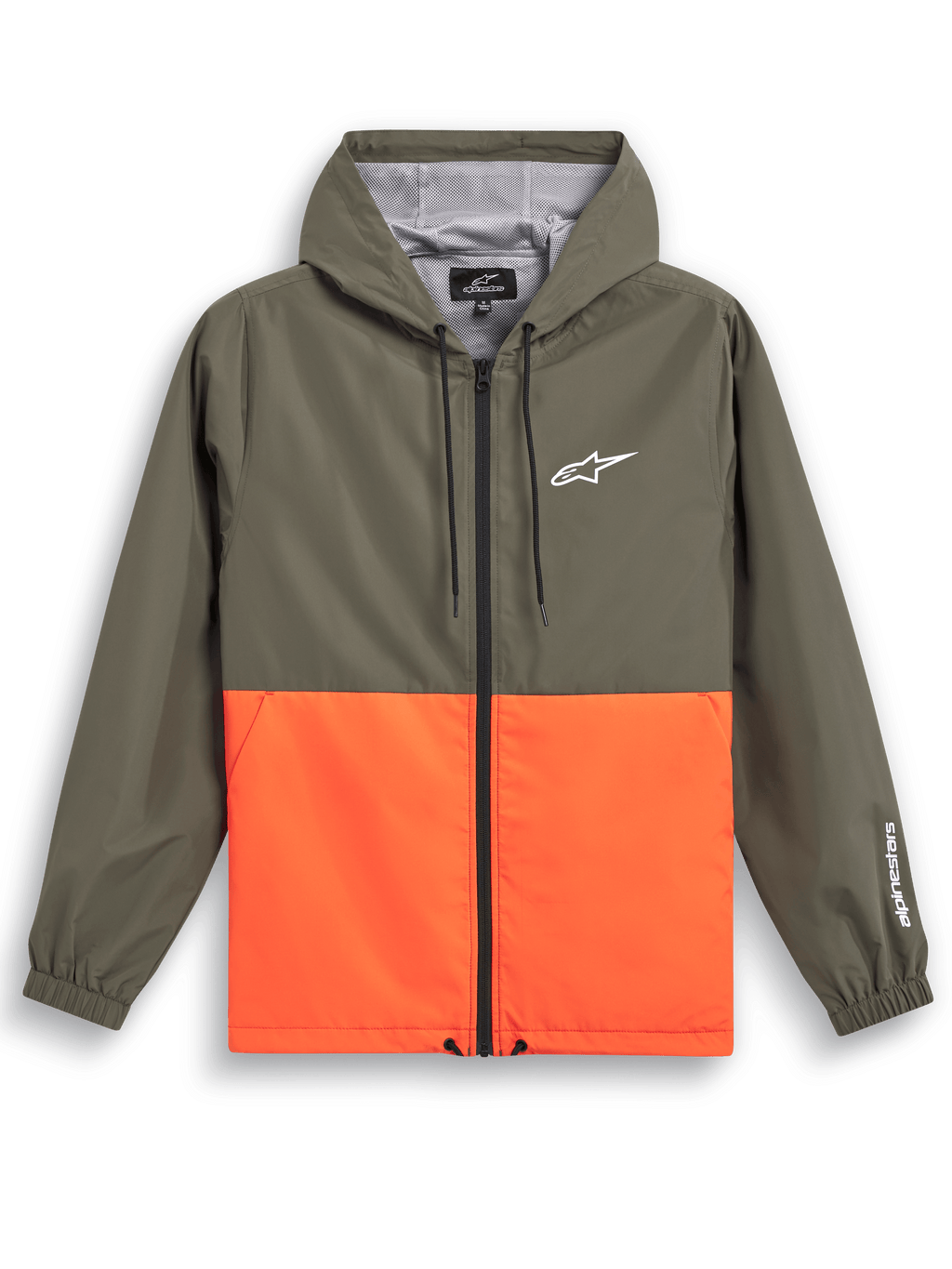 Alpinestars Speeder Windbreaker-Jacke, lässige Sportbekleidung, Color-Block-Design in Olivgrün und leuchtendem Orange, weißes Astars-Logo auf Brust und Ärmel, mit Kapuze und Mesh-Futter, verstellbare Kordelzüge, elastische Bündchen