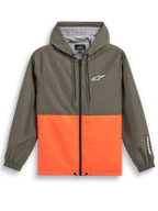 Alpinestars Speeder Windbreaker-Jacke, lässige Sportbekleidung, Color-Block-Design in Olivgrün und leuchtendem Orange, weißes Astars-Logo auf Brust und Ärmel, mit Kapuze und Mesh-Futter, verstellbare Kordelzüge, elastische Bündchen
