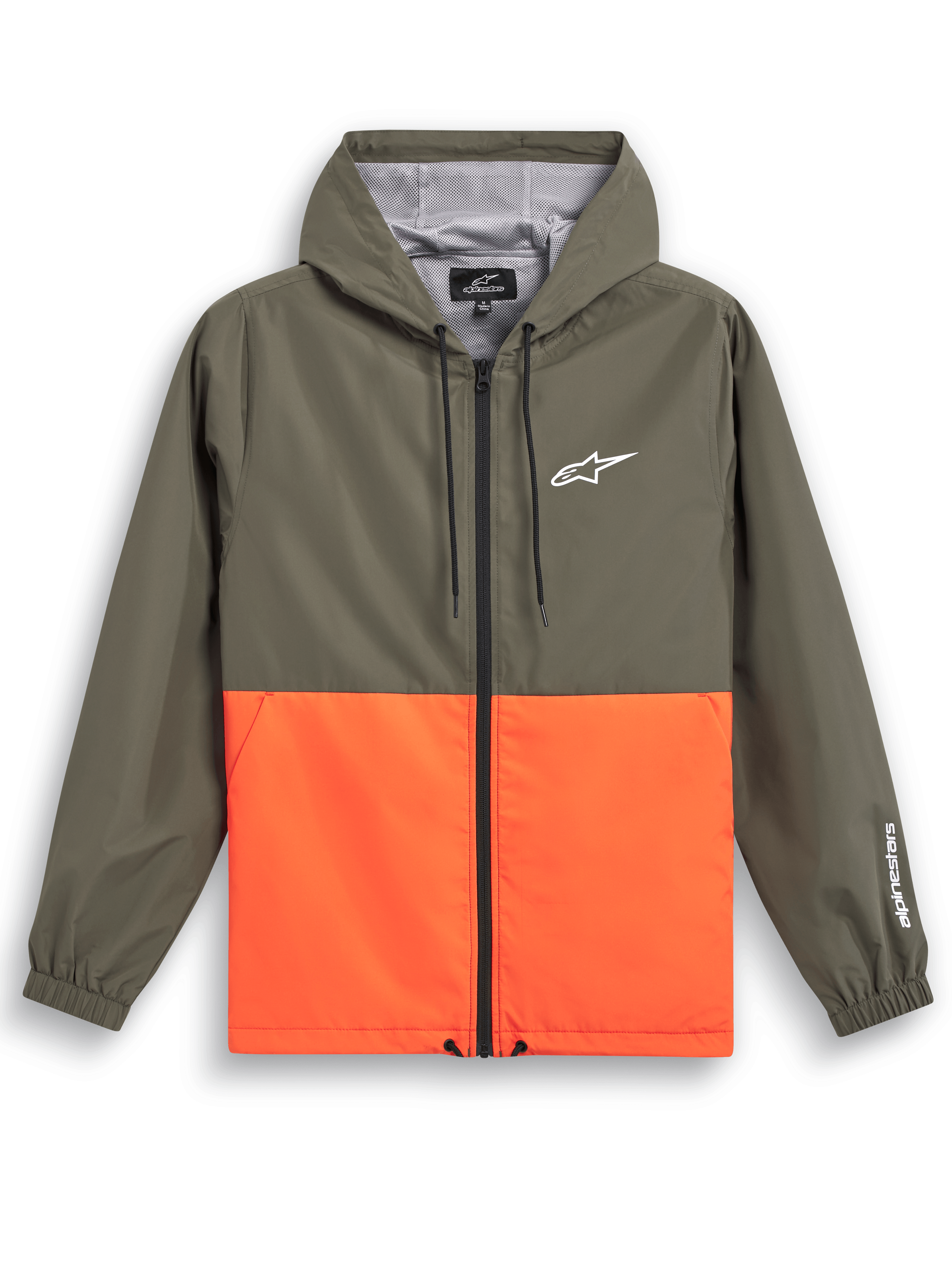Alpinestars Speeder Windbreaker-Jacke, lässige Sportbekleidung, Color-Block-Design in Olivgrün und leuchtendem Orange, weißes Astars-Logo auf Brust und Ärmel, mit Kapuze und Mesh-Futter, verstellbare Kordelzüge, elastische Bündchen