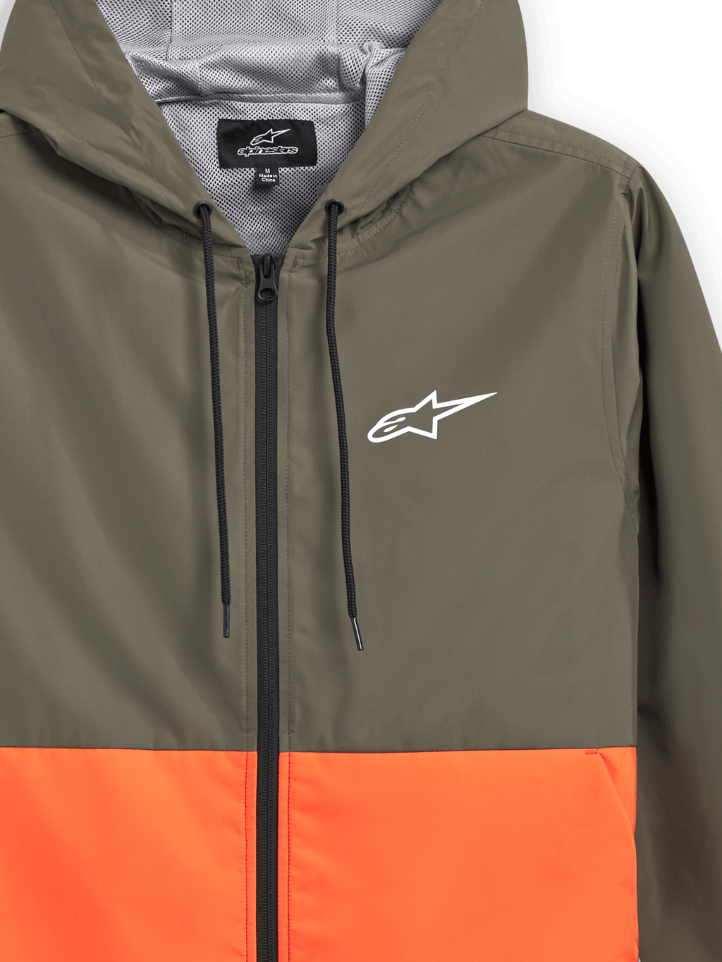 Alpinestars Speeder Windbreaker-Jacke, leichte Windjacke mit Kapuze, Color-Blocking-Design in Military Orange und Grün, weißes Alpinestars-Logo auf der Brust, mit Mesh gefütterte Kapuze mit schwarzen Kordelzügen, lässige Sportbekleidung