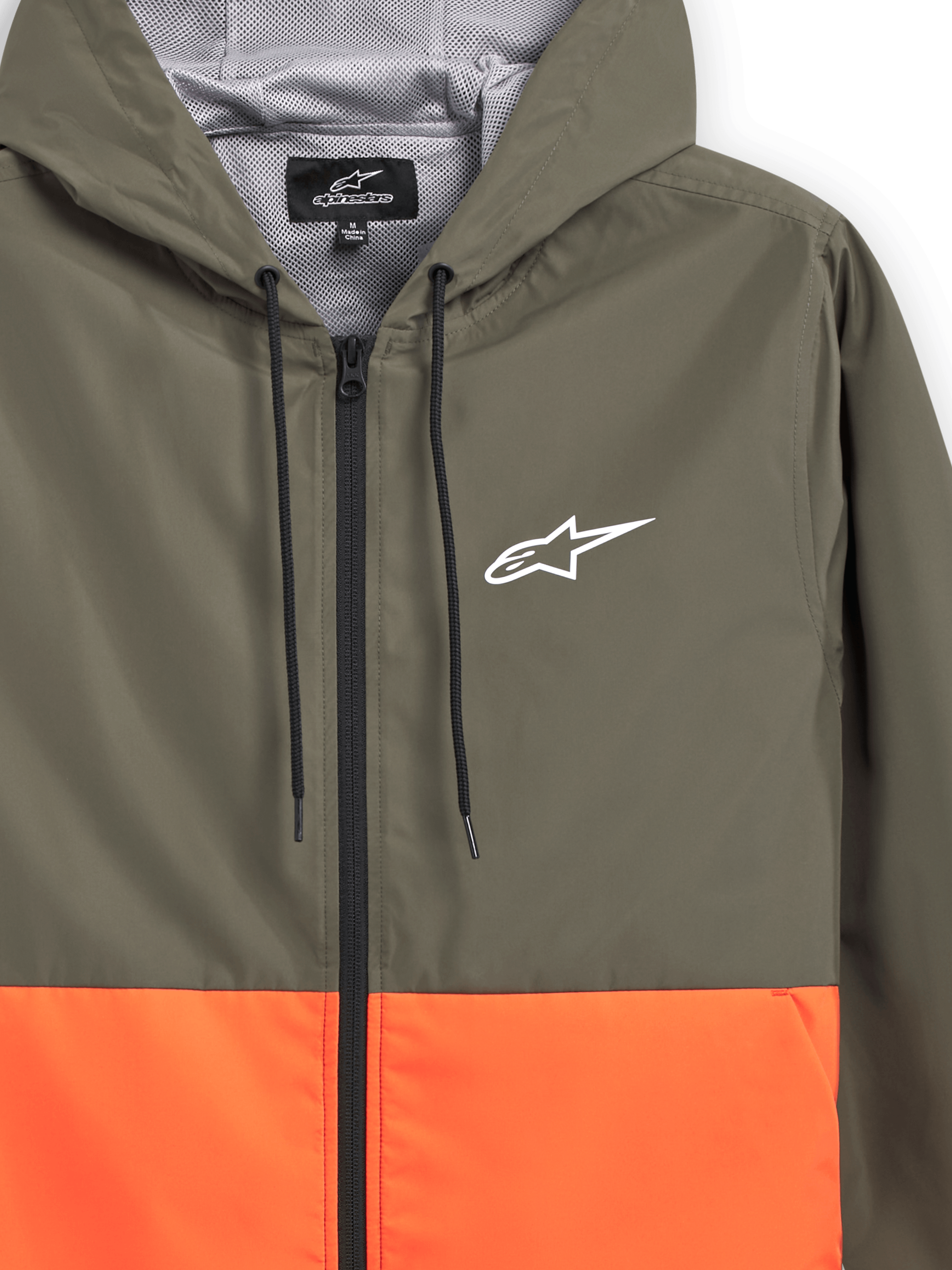 Alpinestars Speeder Windbreaker-Jacke, leichte Windjacke mit Kapuze, Color-Blocking-Design in Military Orange und Grün, weißes Alpinestars-Logo auf der Brust, mit Mesh gefütterte Kapuze mit schwarzen Kordelzügen, lässige Sportbekleidung