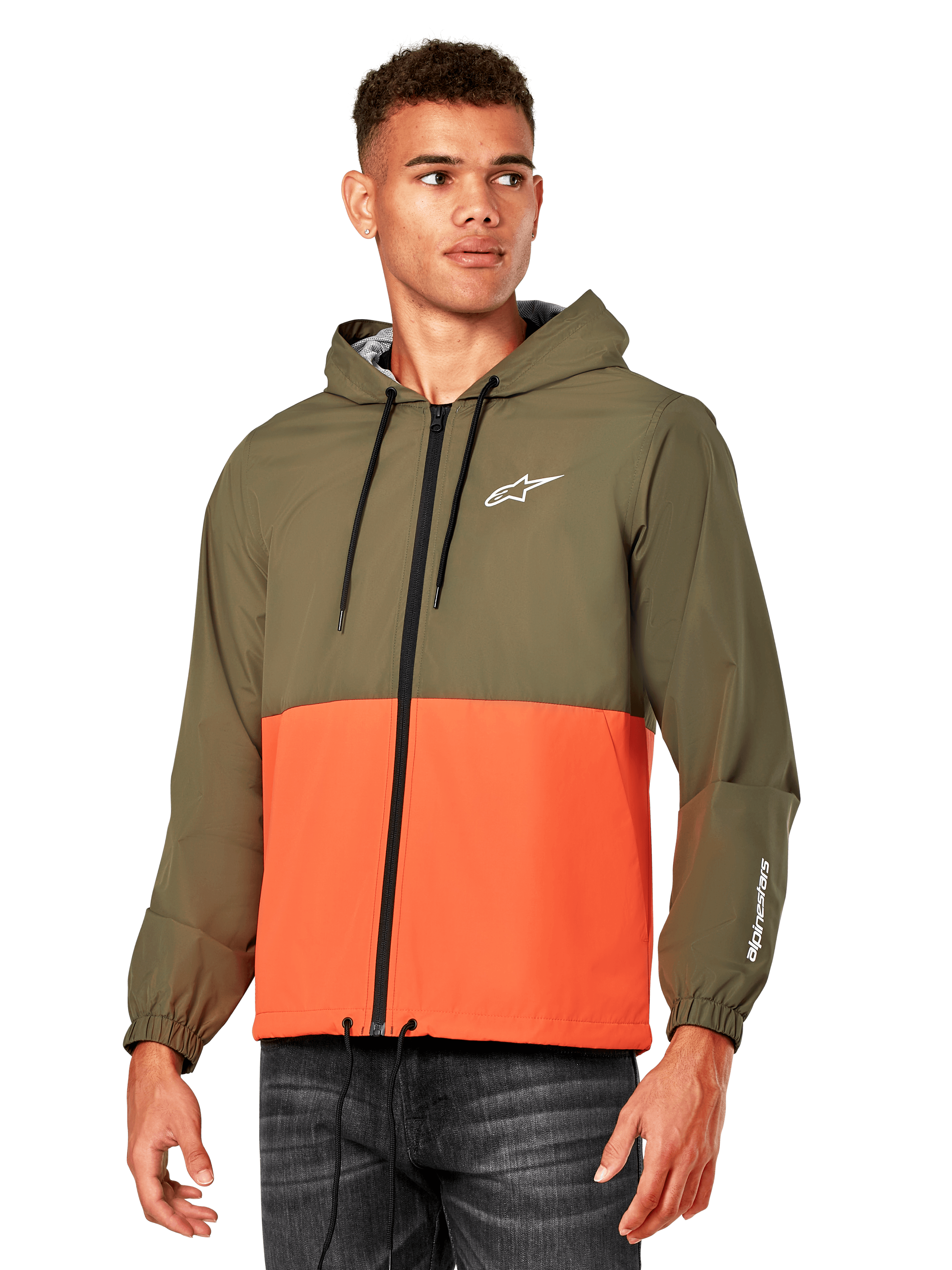 Alpinestars Speeder Windbreaker-Jacke, leichter Kapuzen-Windbreaker, Military-Orange und Olivgrün, Farbblock-Design mit weißem Logo auf Brust und Ärmel, lässige, vom Motorsport inspirierte Oberbekleidung