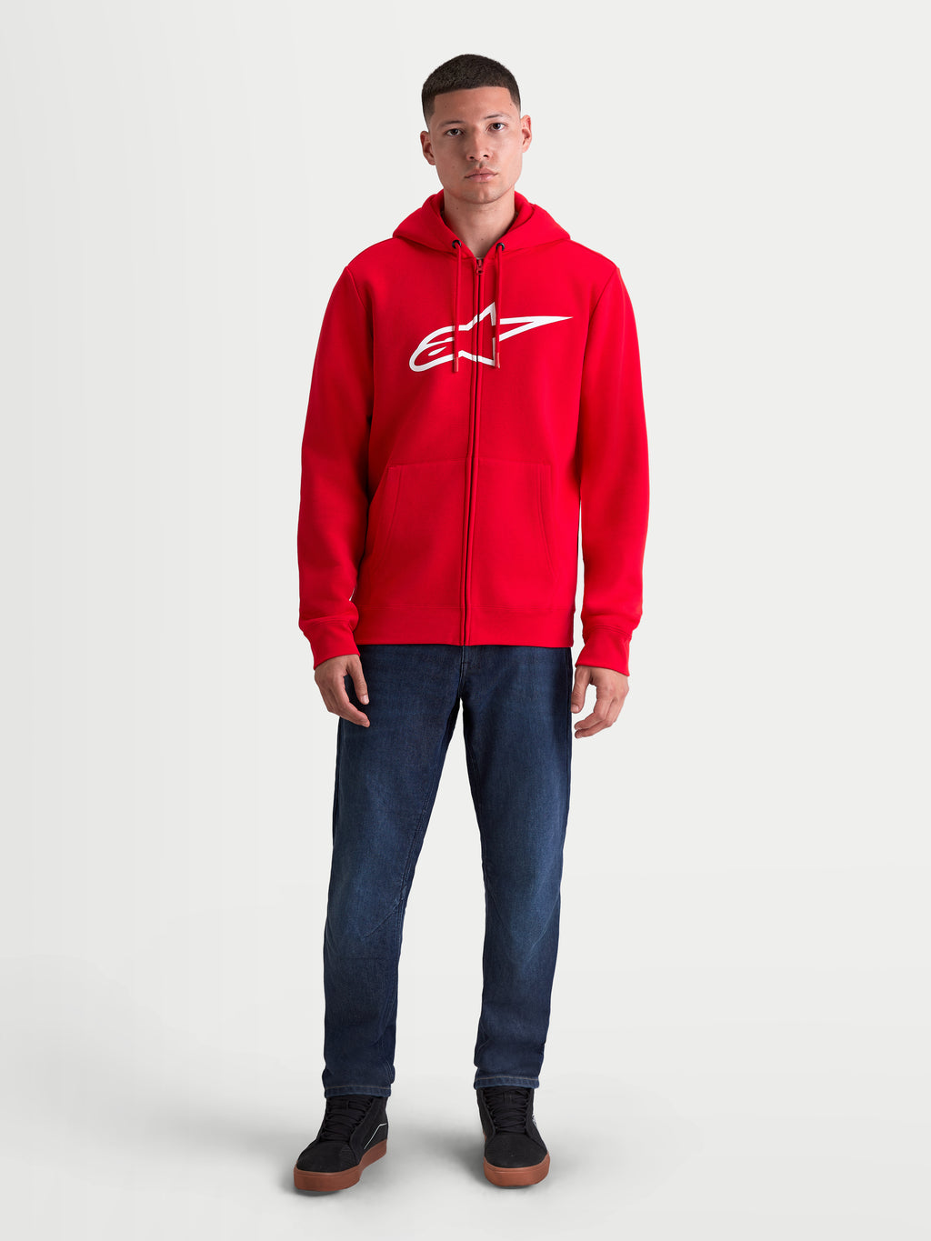 Alpinestars Ageless Zip V3 Hoodie, Men's Sportswear Zip-Front Fleece, Red and White, featuring a prominent white chest logo, hidden coil zipper, and drawstring hood for everyday casual comfort.