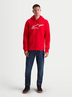 Alpinestars Ageless Zip V3 Hoodie, Men's Sportswear Zip-Front Fleece, Red and White, featuring a prominent white chest logo, hidden coil zipper, and drawstring hood for everyday casual comfort.