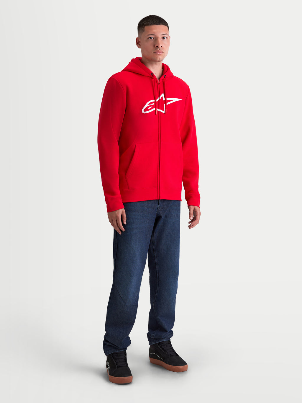 Alpinestars Ageless Zip V3 Hoodie, Red and White Men's Sportswear Zip-Front Fleece, featuring a prominent white chest logo, full-length zipper, and adjustable hood, shown on a model for casual daily wear.