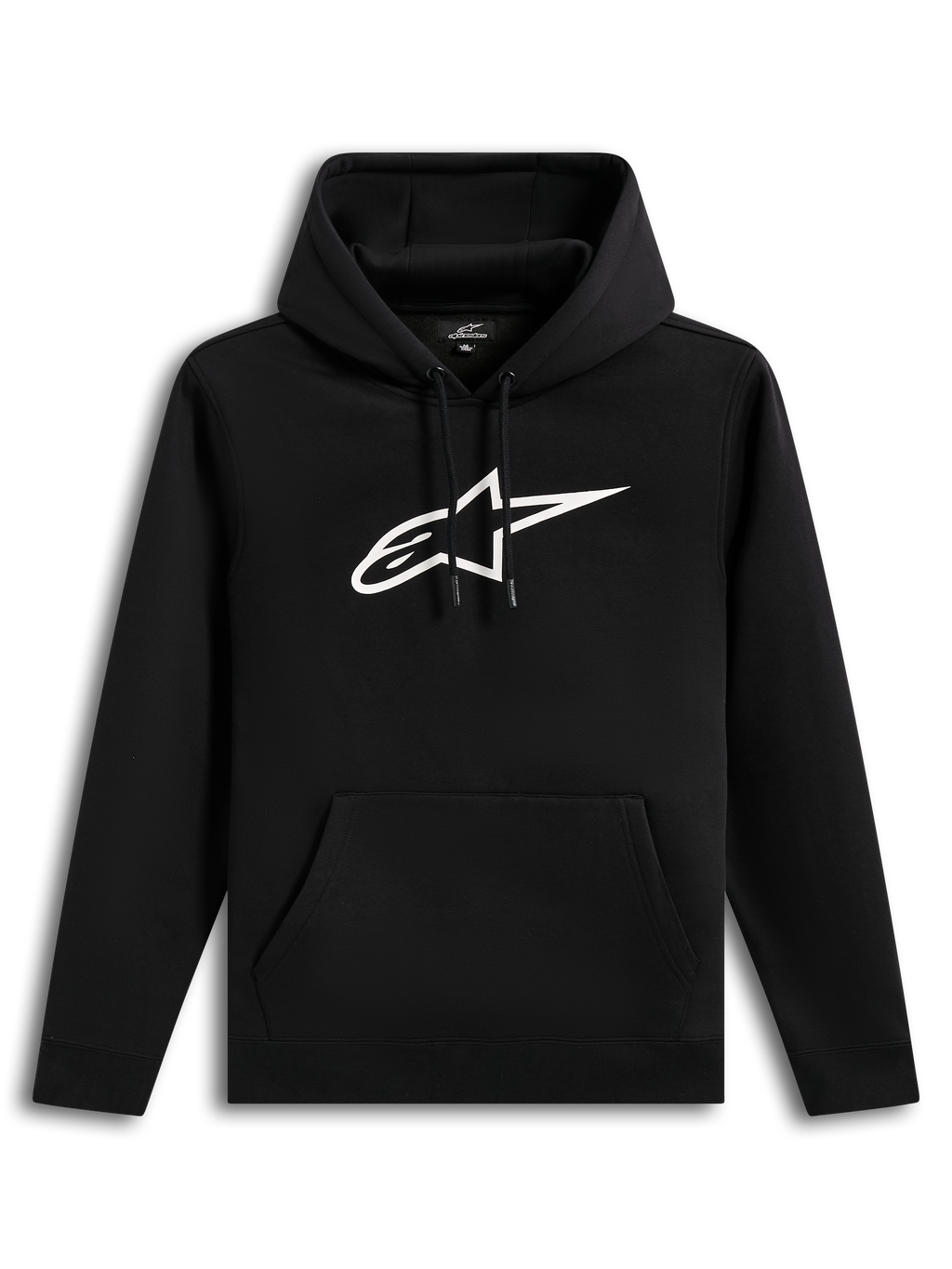 Alpinestars Ageless V3 Hoodie, schwarzer Sportswear-Kapuzenpullover mit weißem gesticktem Logo und Kängurutasche.