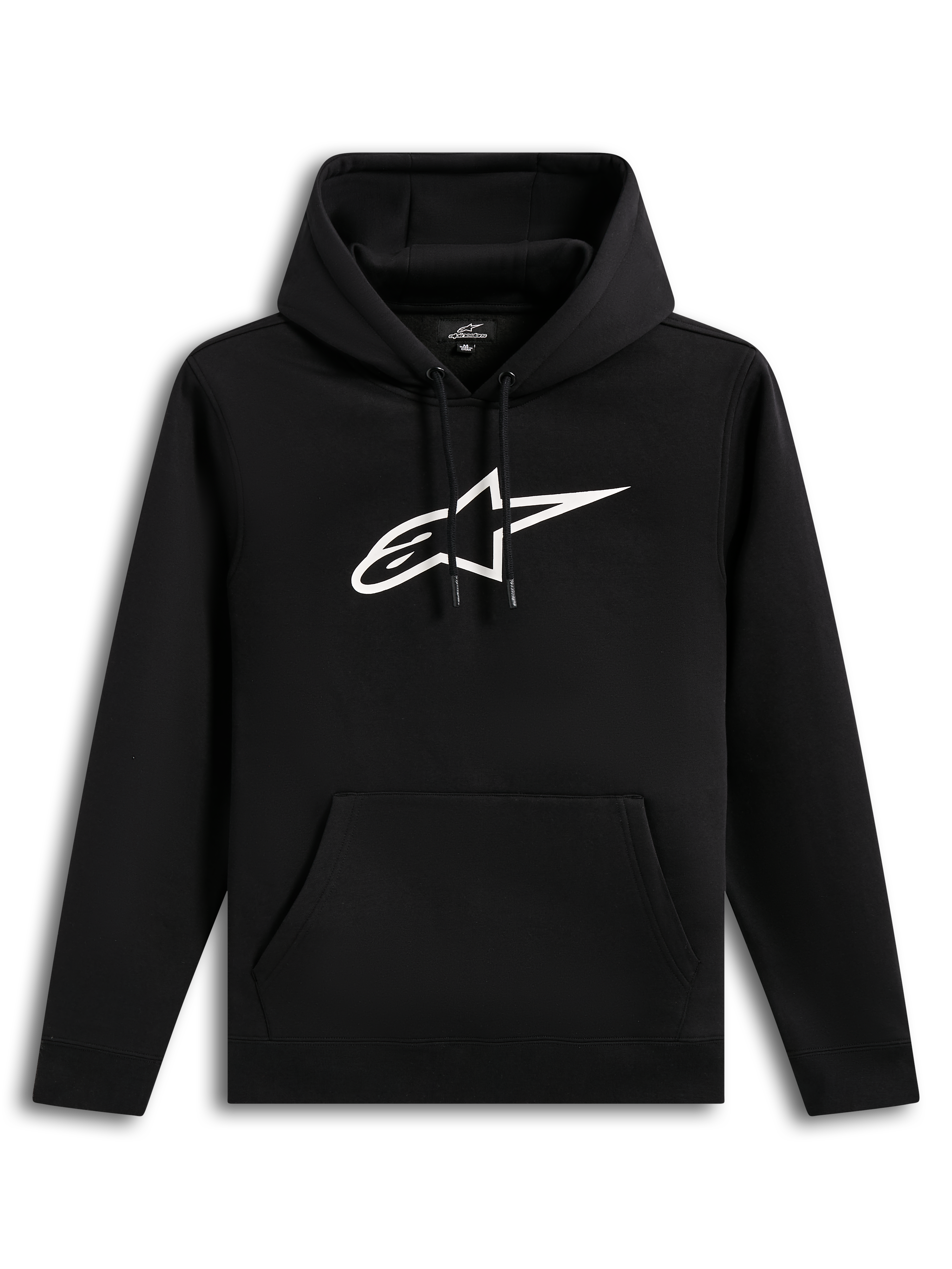 Alpinestars Ageless V3 Hoodie, schwarzer Sportswear-Kapuzenpullover mit weißem gesticktem Logo und Kängurutasche.