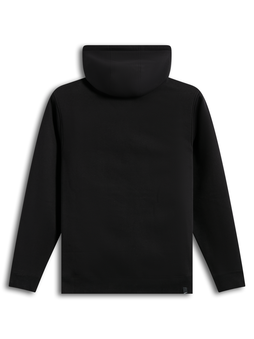 Alpinestars Ageless V3 Hoodie, Rückansicht eines schwarzen Fleece-Sportswear-Kapuzenpullovers mit Rippbündchen und Saum.