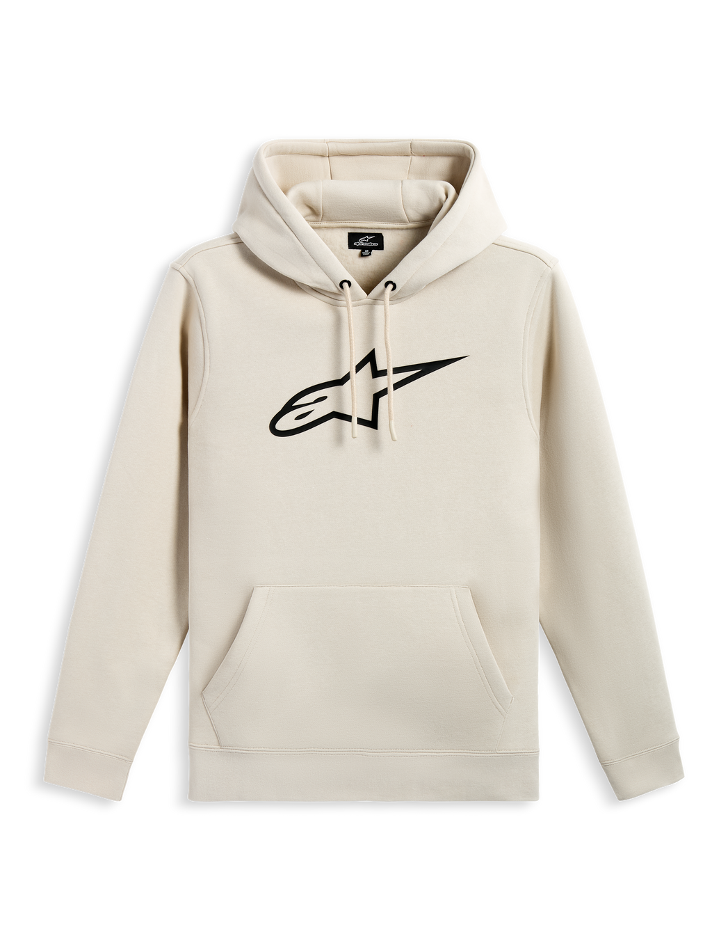 Alpinestars Ageless V3 Hoodie, lässiger Fleece-Pullover, Off-White mit schwarz besticktem Stern-Logo, Kapuze mit Kordelzug, Kängurutasche, Rippbündchen und Saum, motorsportinspirierte Streetwear