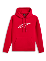 Alpinestars Ageless V3 Hoodie, Rot mit weißem gesticktem Logo, Kapuzenpullover aus Fleece, Kapuze mit Kordelzug, Kängurutasche, lässige Motorsport-inspirierte Streetwear