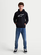 Alpinestars Ageless V3 Hoodie, Herren-Kapuzenpullover, Schwarz und Weiß, mit großem weißem gesticktem Astars-Logo auf der Brust, weiches Fleece aus Baumwoll-Polyester-Mischung, Kapuze mit Eigenfutter, Sportswear für Motorsport-Fans.