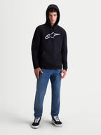Alpinestars Ageless V3 Hoodie, Herren-Kapuzenpullover in Schwarz und Weiß mit großem gesticktem Alpinestars-Logo auf der Brust, Kapuze mit Kordelzug und Rippbündchen, weiche Fleece-Konstruktion für einen lässigen Motorsport-Stil.