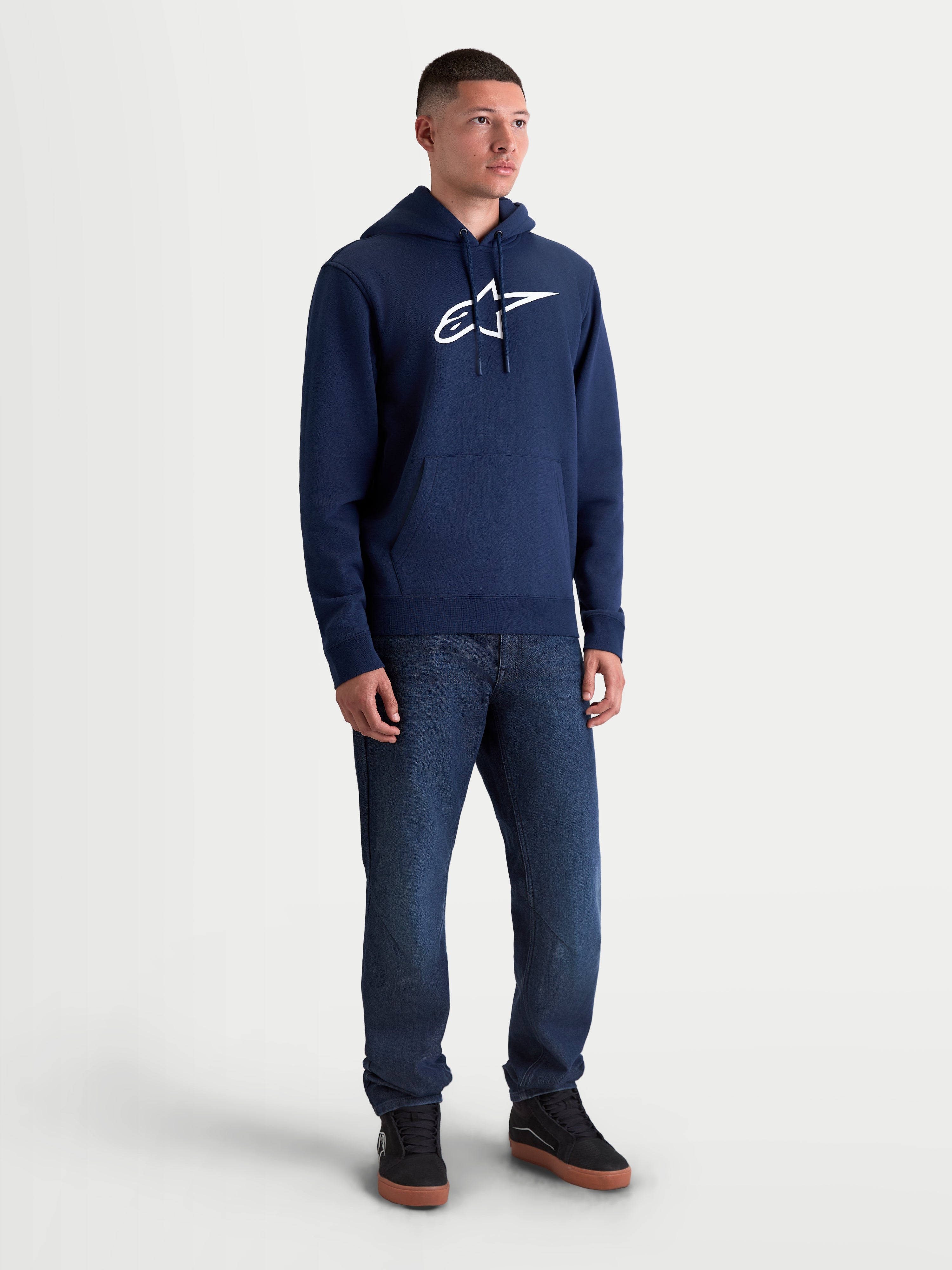 Alpinestars Ageless V3 Hoodie, Men's Sportswear Pullover Fleece, Navy Blue and White, featuring a front embroidered Alpinestars logo, drawstring hood, and kangaroo pocket for casual lifestyle and motorsport fans.