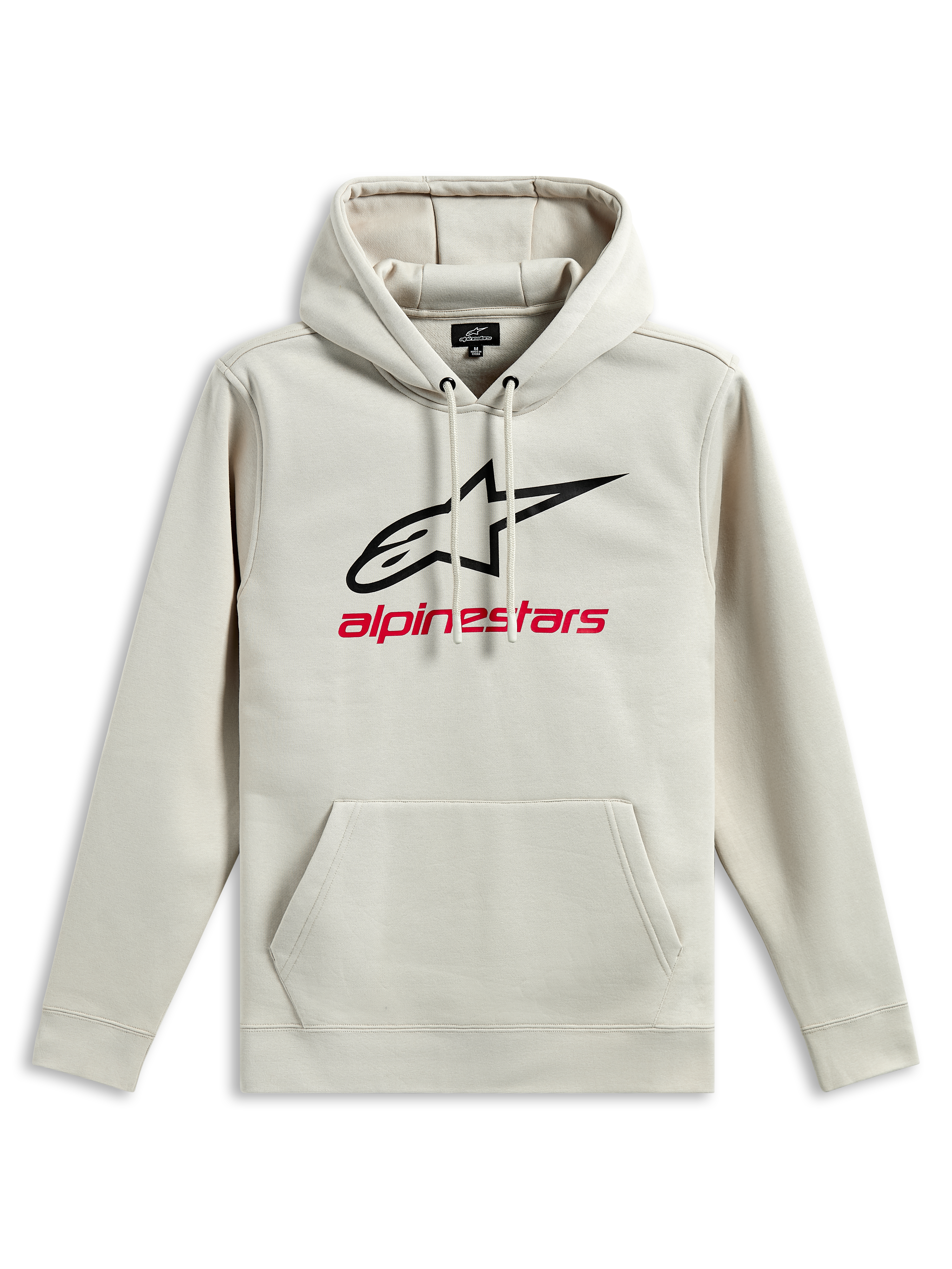 Alpinestars Always V3 Hoodie, Kapuzenpullover aus Fleece, Off-White, schwarzes Stern-Logo und roter Alpinestars-Schriftzug auf der Brust, Kängurutasche, Kapuze mit Kordelzug, lässige, vom Motorsport inspirierte Sportbekleidung