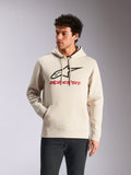 Alpinestars Always V3 Hoodie, legere Sportbekleidung, Off-White mit schwarzem Stern-Logo und rotem Branding, Kapuze mit Kordelzug, Kängurutasche vorne, getragen von einem Model mit dunkler Hose, modernes, vom Motorsport inspiriertes Design